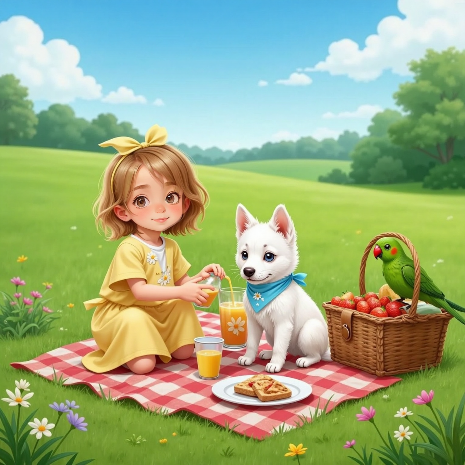 On a checkered picnic blanket under clear noon skies, Molly pours juice into a small cup, Snowball sits expectantly beside her, and Peaches nibbles a bright apple slice among neatly arranged snacks.