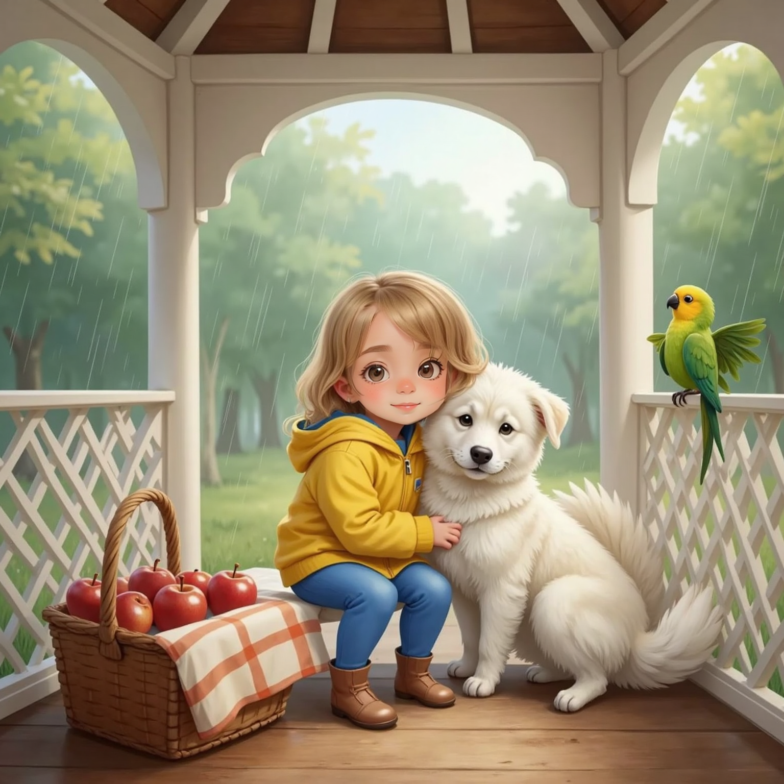 Inside a white gazebo, early afternoon rain streaks outside the open arches; Molly leans against Snowball’s fluffy side for warmth while Peaches perches on a railing, wings slightly ruffled, picnic basket tucked safely nearby.