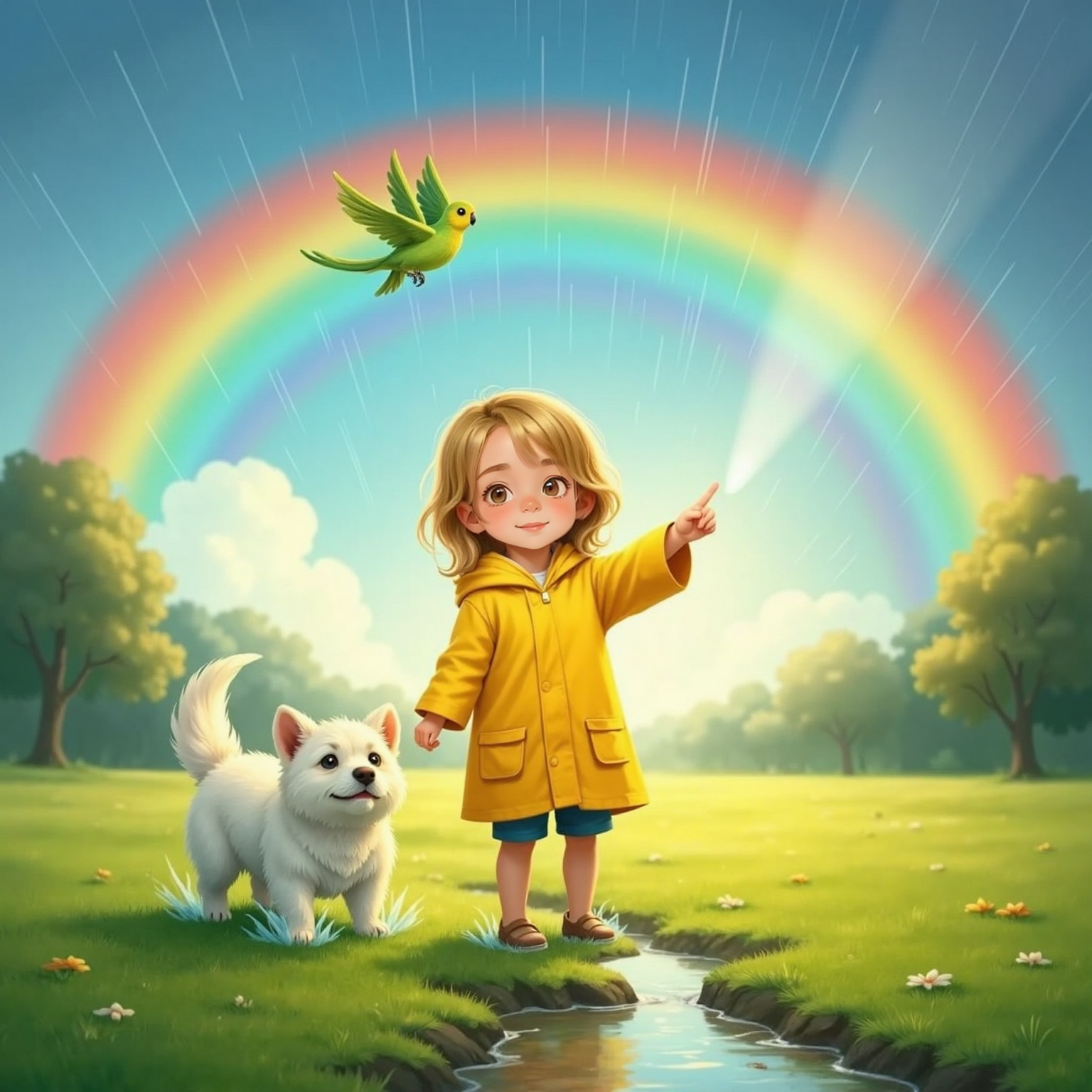 Open lawn after rain, late afternoon sun glows; Molly points skyward at a vivid rainbow, Snowball spins happily at her feet, and Peaches hovers near the colorful arc, droplets sparkling around them.