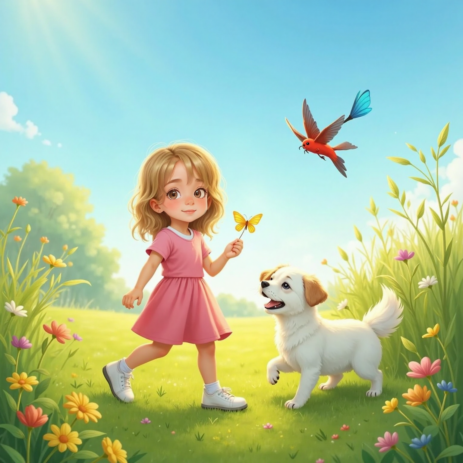 Sun-drenched meadow, butterflies drift; Snowball leaps toward a delicate blue butterfly mid-air, Molly tiptoes after a yellow one with outstretched hands, and Sam darts above, red feathers tracing a zigzag.