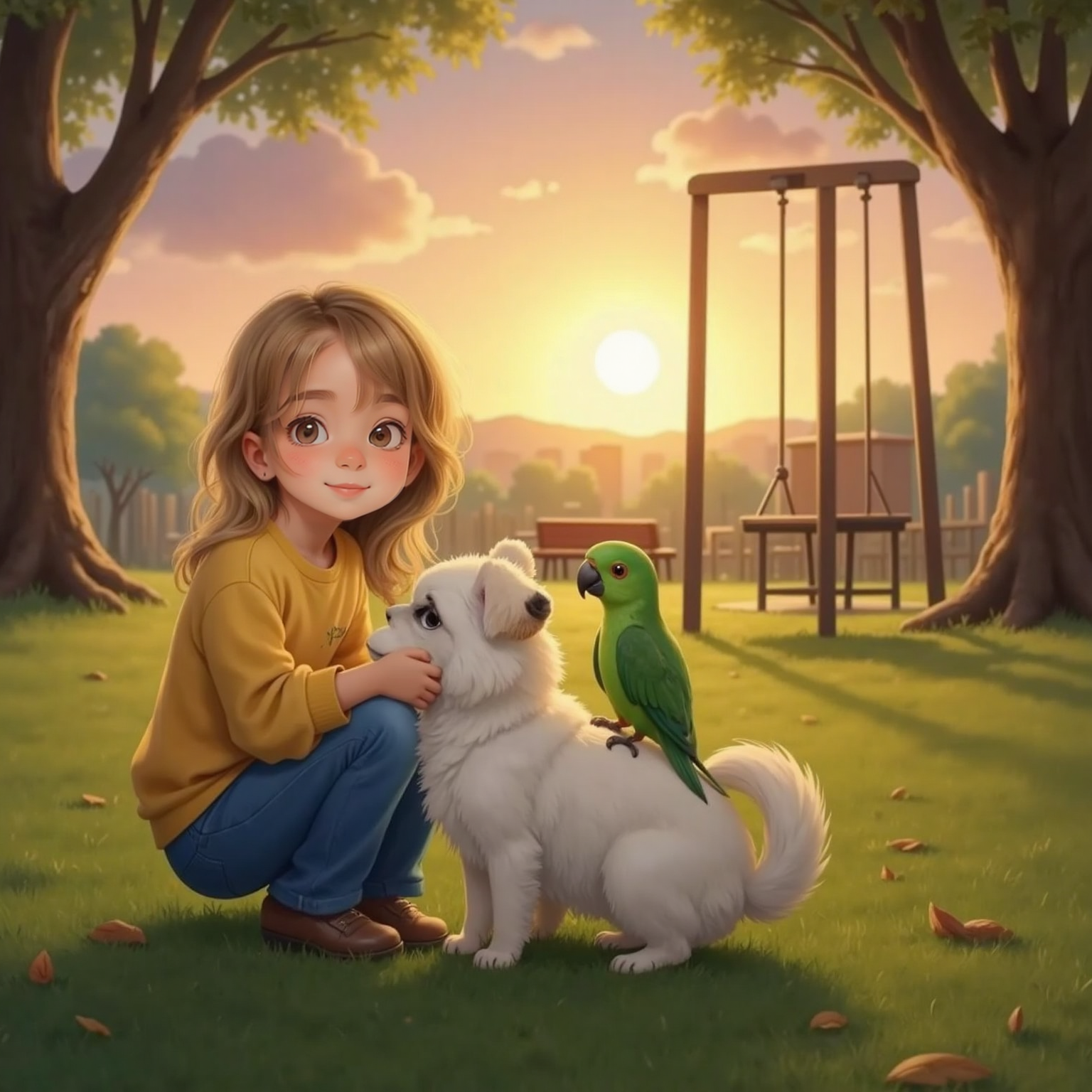 At the edge of the park during orange sunset, Molly kneels to hug Snowball, Peaches perching on her shoulder, their silhouettes glowing against the fading light and the empty playground behind them.