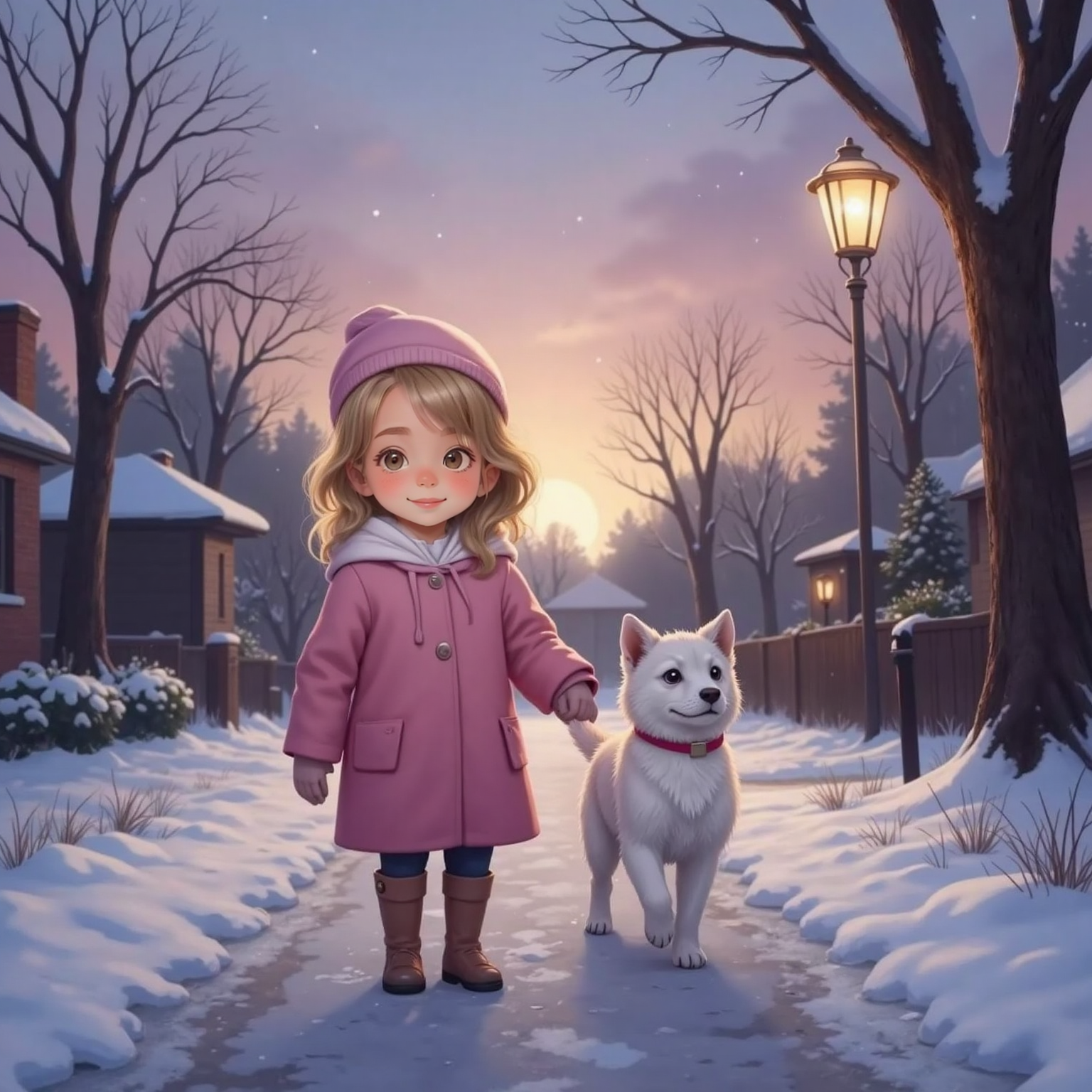 Quiet neighborhood path at dusk, streetlamps flicker on; Molly waves toward the shadowy park while walking beside Snowball, whose tail swishes happily as they head home beneath a lavender sky.
