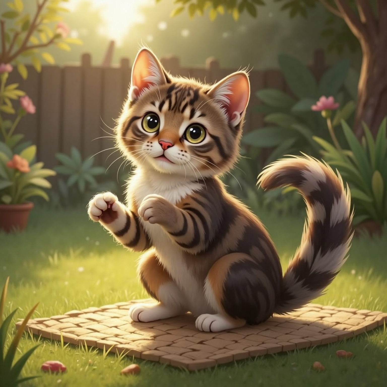 Outdoor morning, on a dew-damp mat, cat sits contentedly with fluffy tail curled, eyes wide at wet paws. Soft early sunlight slants across the damp fibers.