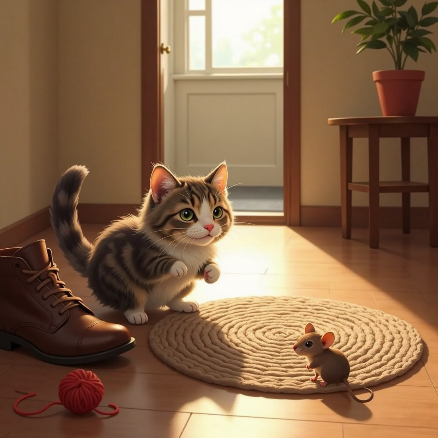 Beside the wet mat in gentle morning light, cat wriggles in surprise. A small brown mouse with bright eyes peeks from behind a single leather shoe.
