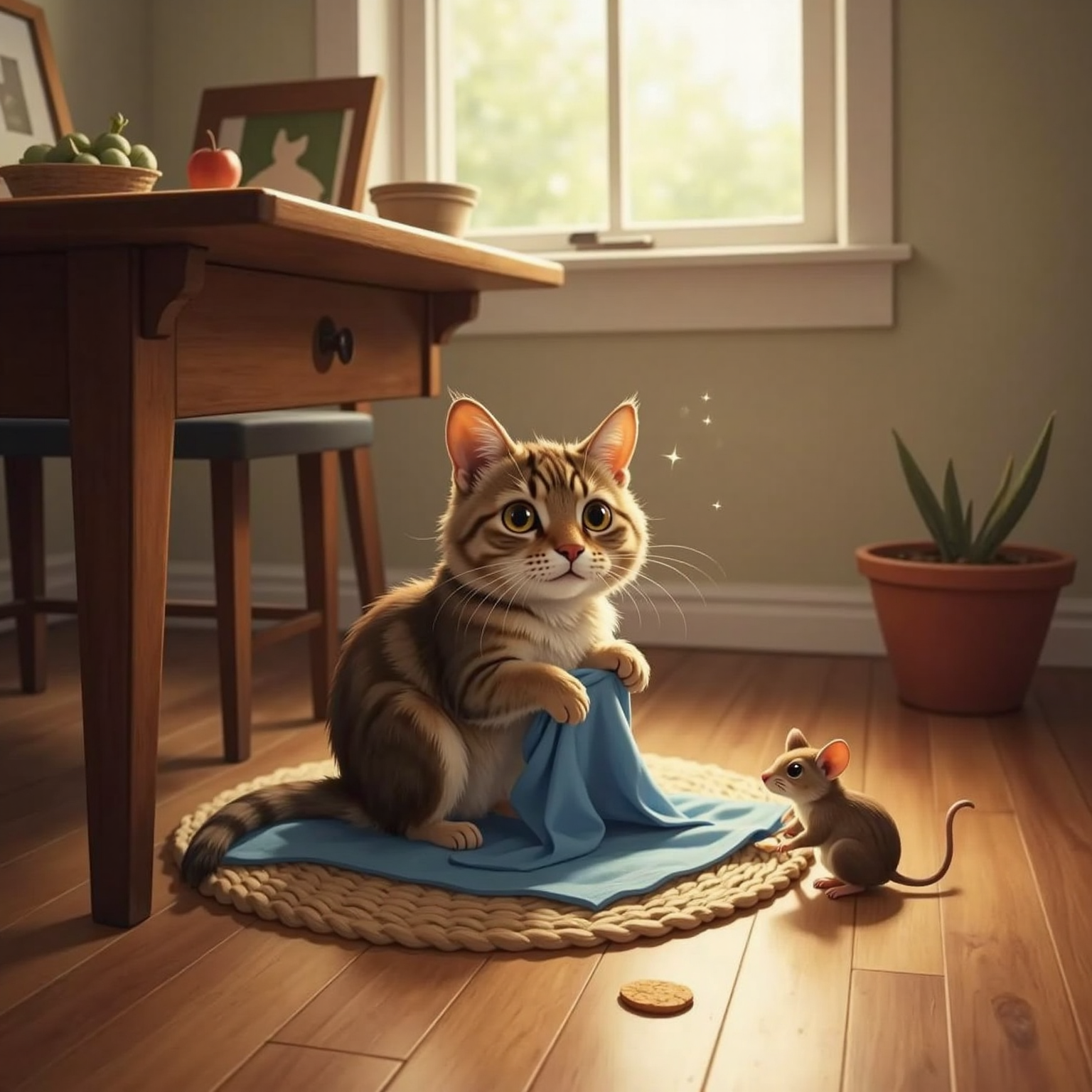Under a sturdy wooden table lit by soft morning glow, cat sits calmly on the mat. A small brown mouse with bright eyes gently pats the wet paws with a tiny blue towel.