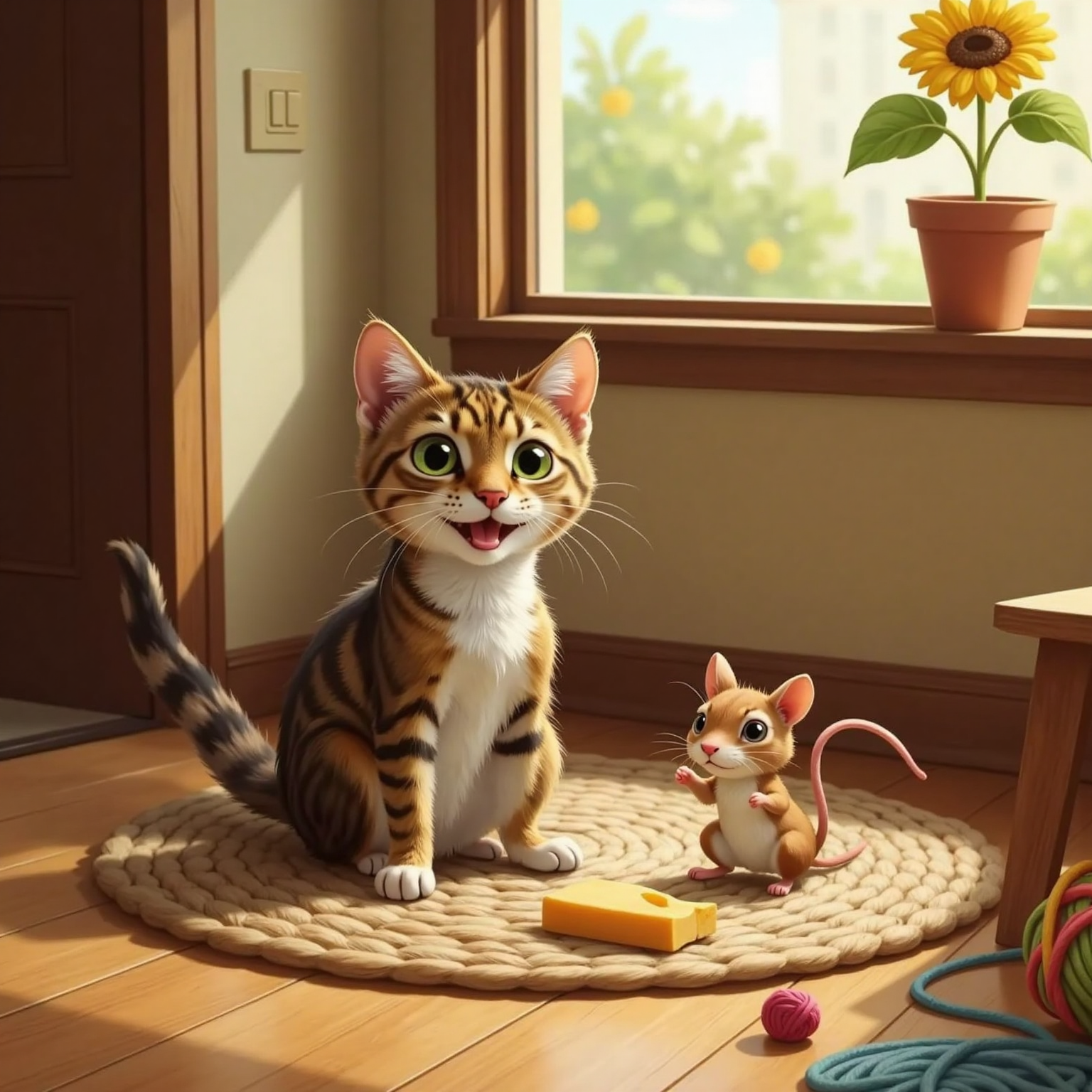 Warm late-morning light spills over the mat's dry corner where cat and a small brown mouse with bright eyes sit face-to-face. Both smile, paws raised as if starting a playful game.