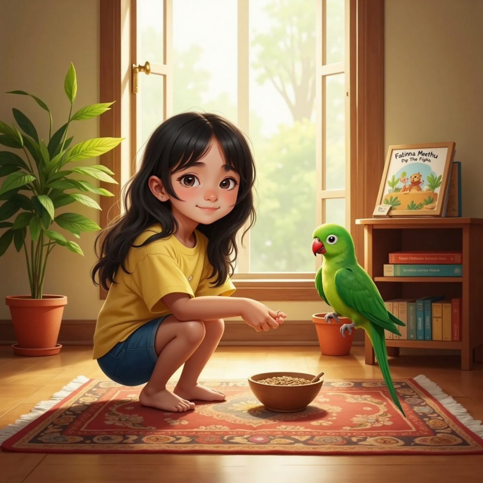 In Fatima's sunny living room, afternoon light streams through a window as Fatima kneels beside a small bowl of seeds, smiling warmly at bright green Meethu perched on her hand, wings slightly spread in excitement.