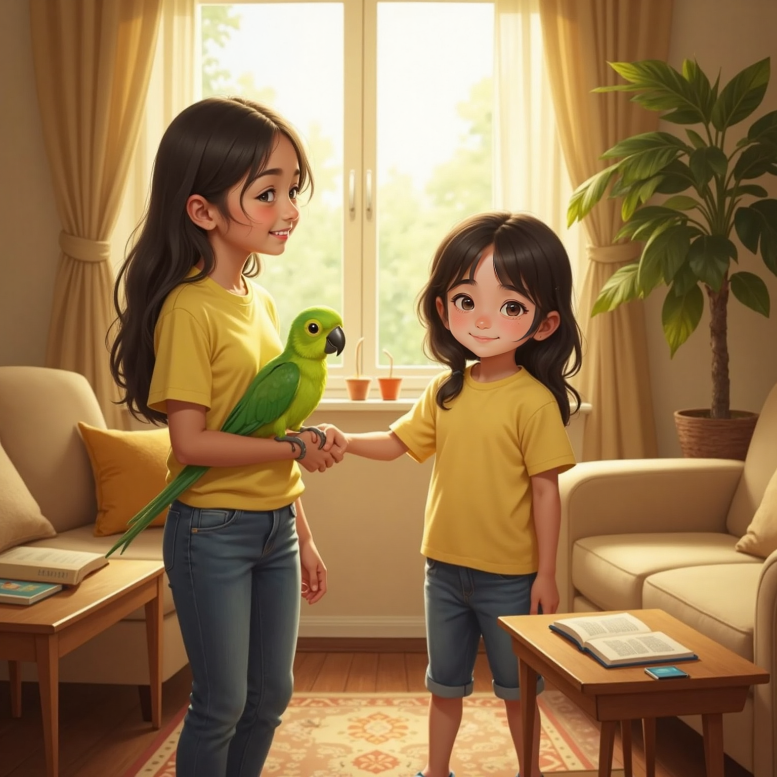 In the sunlit living room, afternoon rays light Fatima standing with bright green Meethu balanced on her forearm; Fatima beams as the parrot tilts its head, beak open, boldly squawking 'Shukriya, Fatima!'