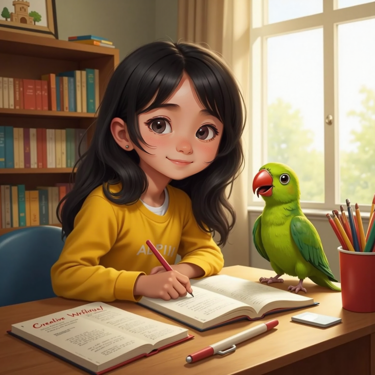 Indoors at a small desk cluttered with notebooks, Fatima leans forward over homework as bright green Meethu perches on the desk edge, beak open, squawking 'You can do it, Fatima!', prompting her to break into a surprised smile.