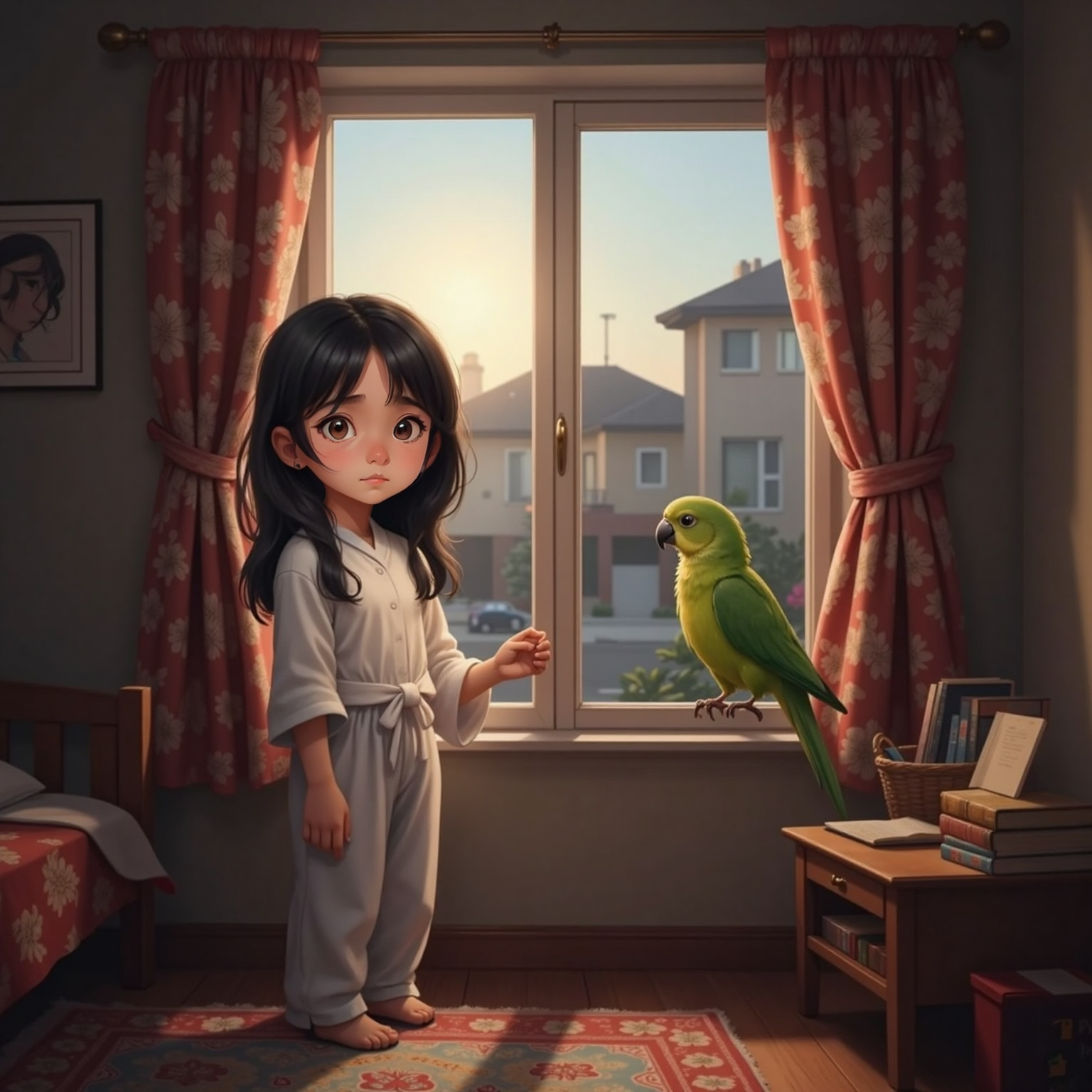 In Fatima's dimly lit bedroom at dusk, she stands beside an open window, curtain lifted with one hand, brows tense, while bright green Meethu perches on the sill, wings half-spread, chirping 'Be careful, Fatima!' toward the quiet street outside.