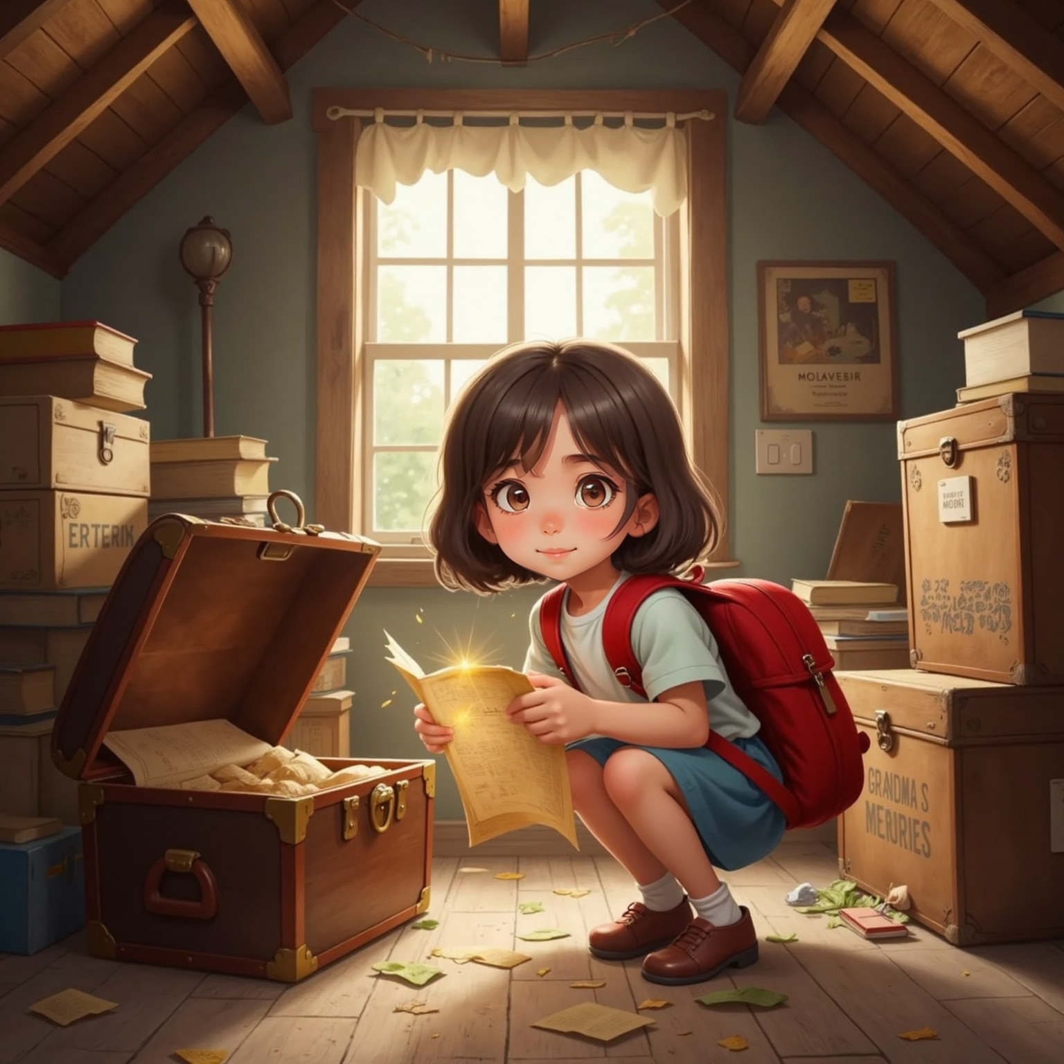 Inside a dusty attic lit by morning sunbeams, Emma kneels beside an open trunk, holding a sparkling map with wide-eyed excitement. Cobwebbed rafters and stacked boxes frame the scene.