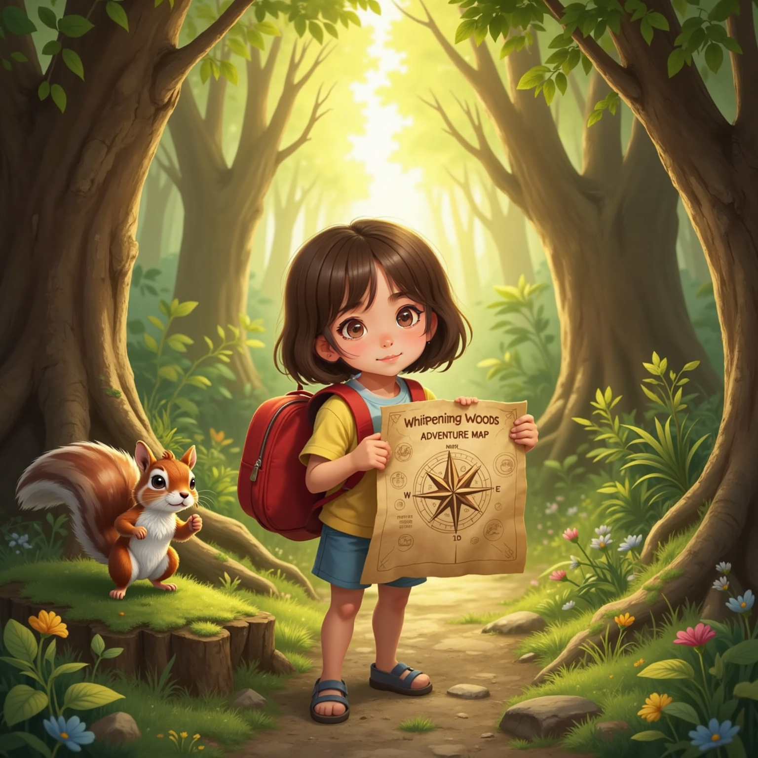 On a sun-dappled forest path in the Whispering Woods, Emma shows her unfurled map while a chatty squirrel with tufted ears stands on a mossy log, pointing north. Leaves quiver as sunlight filters through singing trees.