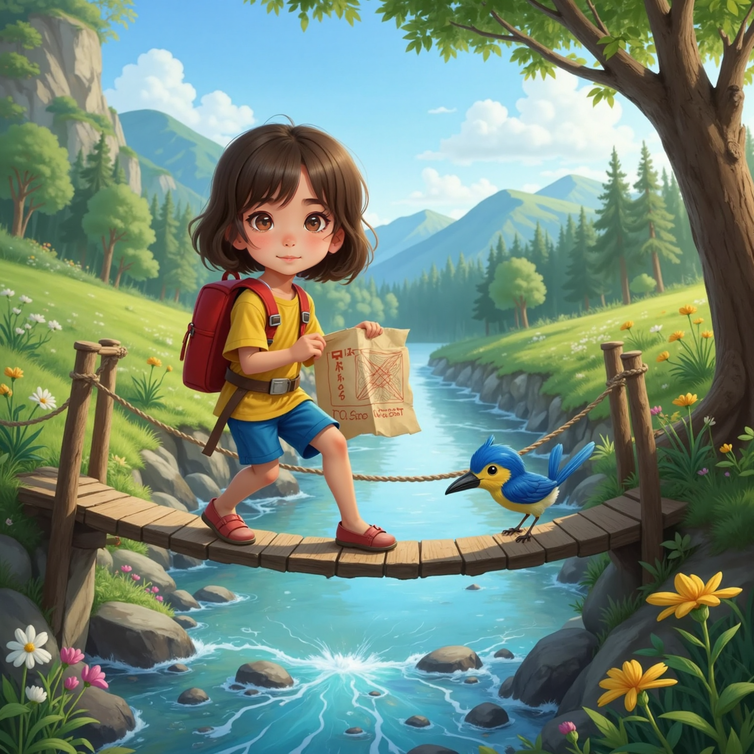 At midday, Emma balances halfway across a swaying wooden bridge above a sparkling river, clutching her map against the breeze. A small blue bird on an overhanging branch calls encouragement while sunlight glitters on the water below.