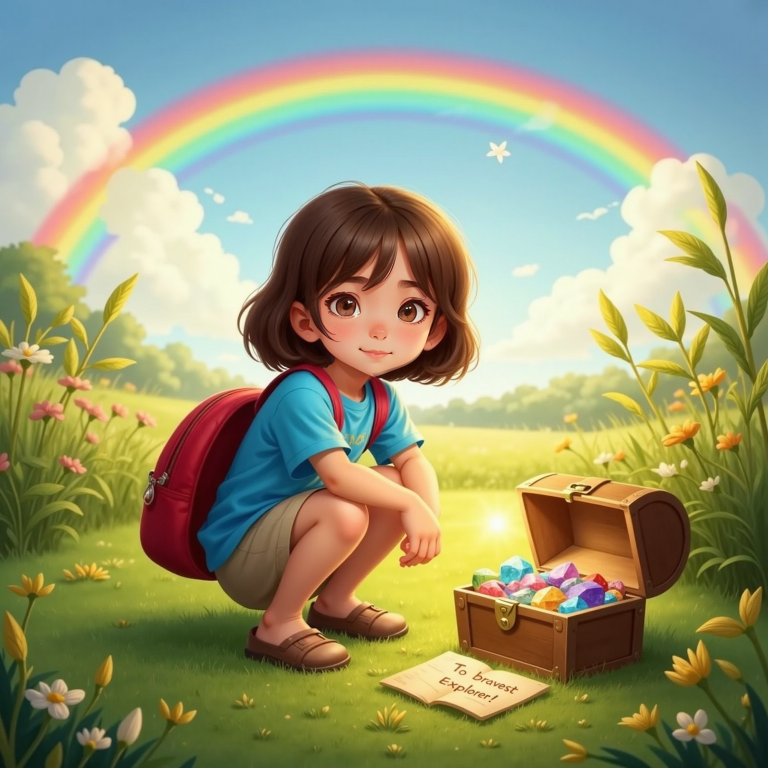In a sunlit clearing at late afternoon, Emma kneels by a tiny open chest under a vivid rainbow, her face illuminated by glowing gems and a note reading 'To the bravest explorer!'. Tall grass shimmers in golden light around her.