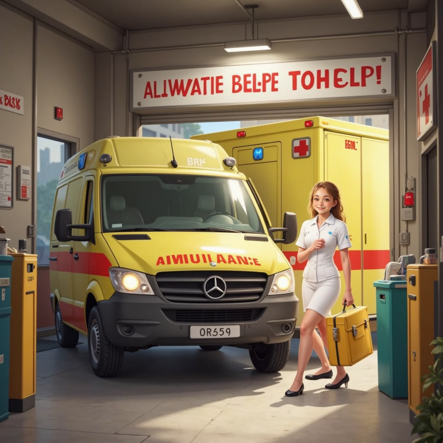 Morning sunlight spills across the ambulance station garage. Arlo The Ambulance flashes a grin while the Nurse climbs into the cab, holding her bright yellow medical bag beside his dashboard eyes.