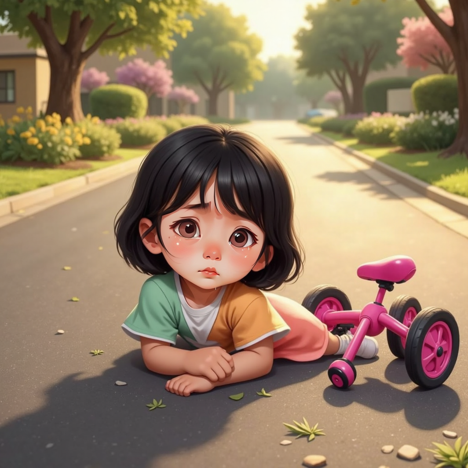 On a sunny neighborhood street, Bella lies on the asphalt beside her toppled pink bike, tears on her face. Afternoon light glints off the scratched knee and scattered pebbles.