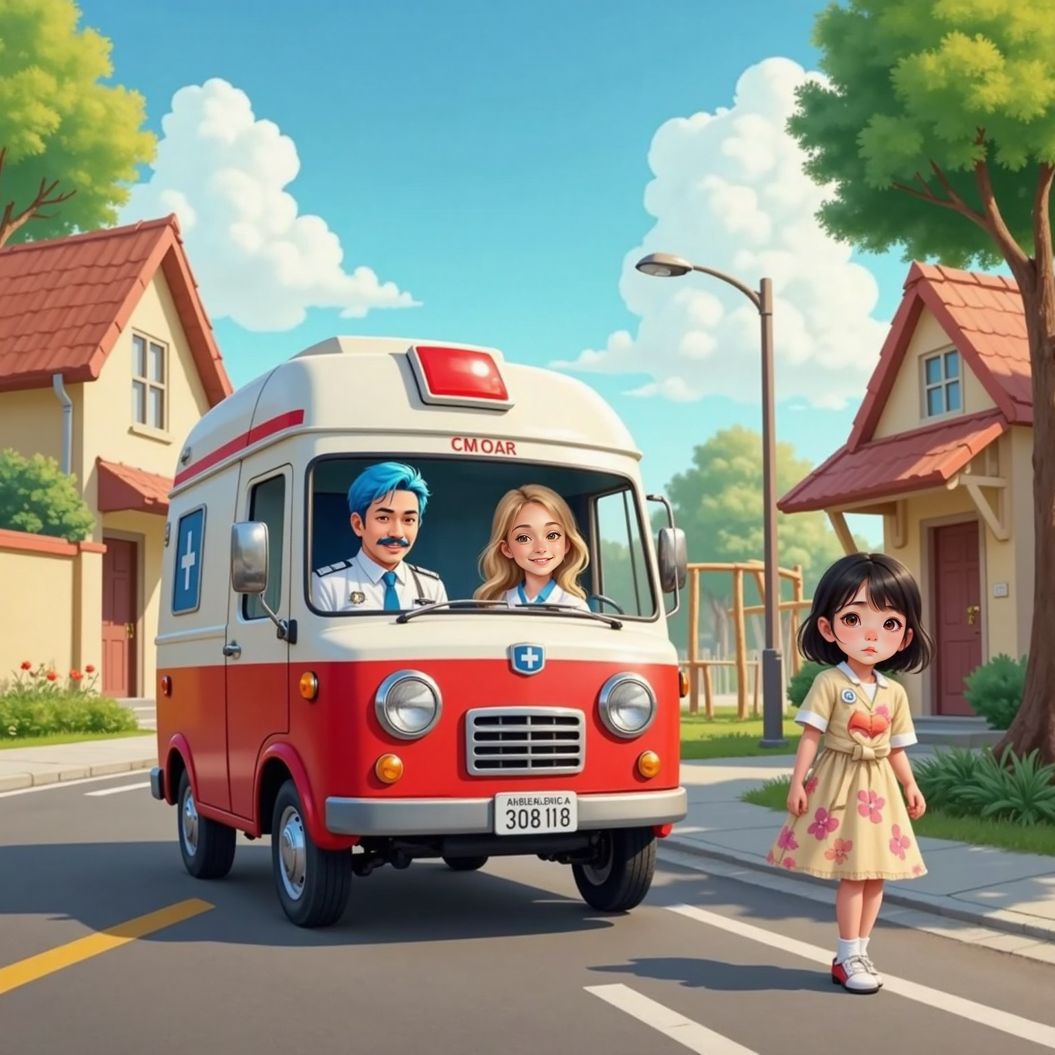 At the street corner, Arlo The Ambulance races forward with red lights flashing, casting bright patterns on nearby houses. The Nurse points ahead through the windshield toward Bella in the distance.