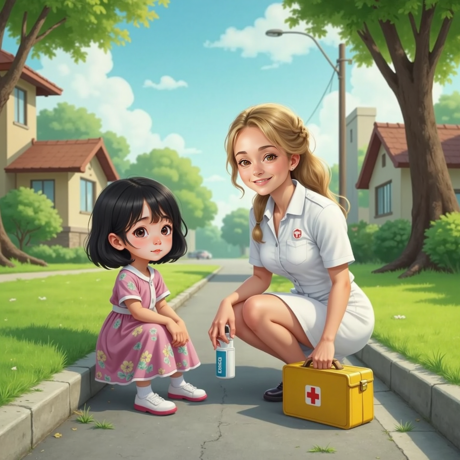 Beside the curb under midday sun, Arlo smiles warmly at seated Bella. The Nurse kneels on the grass, speaking gently while opening a small bottle of antiseptic from her yellow bag.