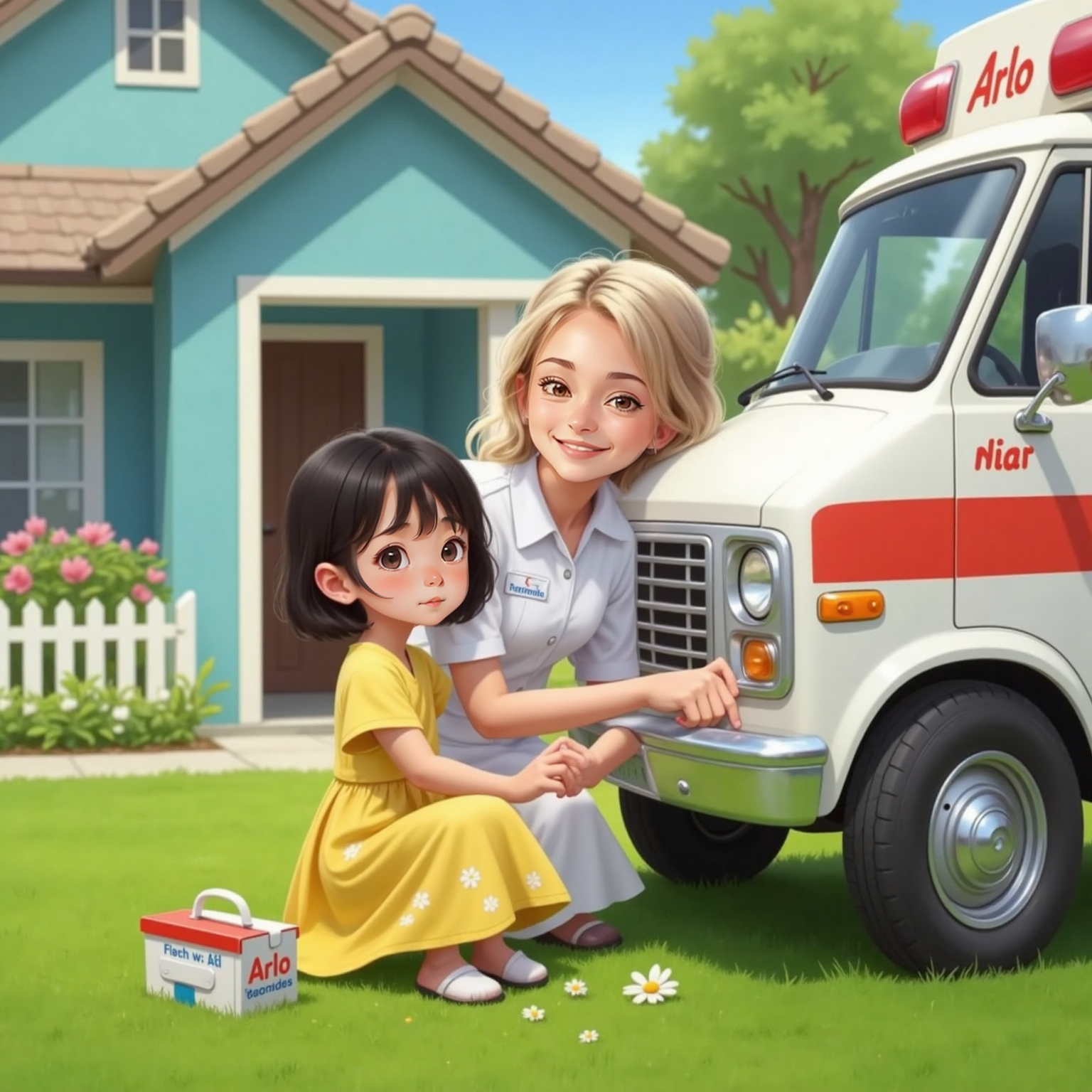 Outside a suburban house, the Nurse dabs Bella’s knee with cotton and secures a bright cartoon bandage. Bella, still sitting, stretches her arms to hug Arlo’s bumper, sunlight sparkling off the ambulance’s chrome.