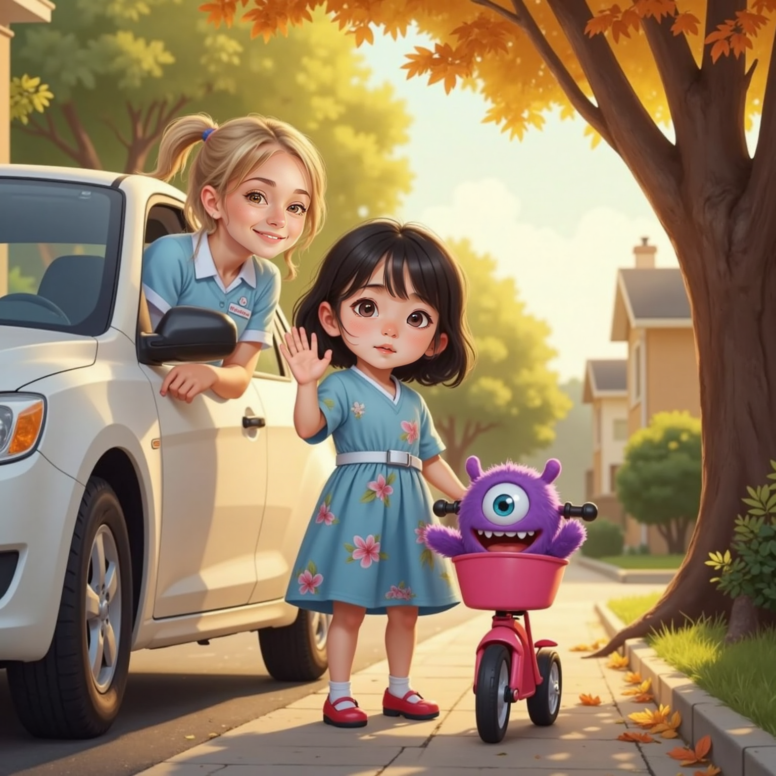 On the same sidewalk in late afternoon light, Bella stands beside her upright bike and waves joyfully. Arlo blinks his big eyes and laughs, while the Nurse smiles from the passenger window.