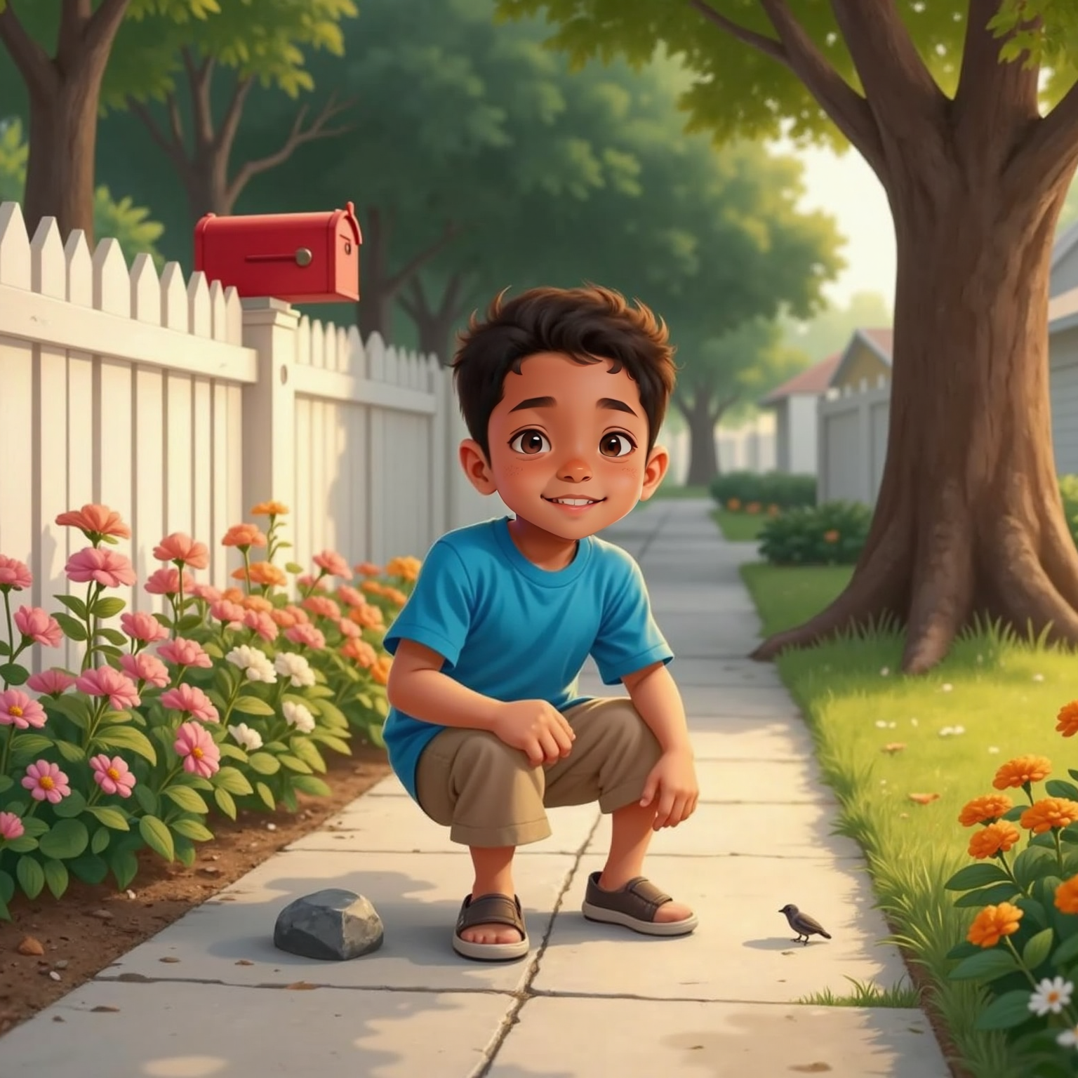 Near a flower-lined fence, Reuben mid-step trips over a small gray rock and tumbles onto the sidewalk, dusk light casting long shadows. He sits holding his knee, mouth open in a sharp 'O'.