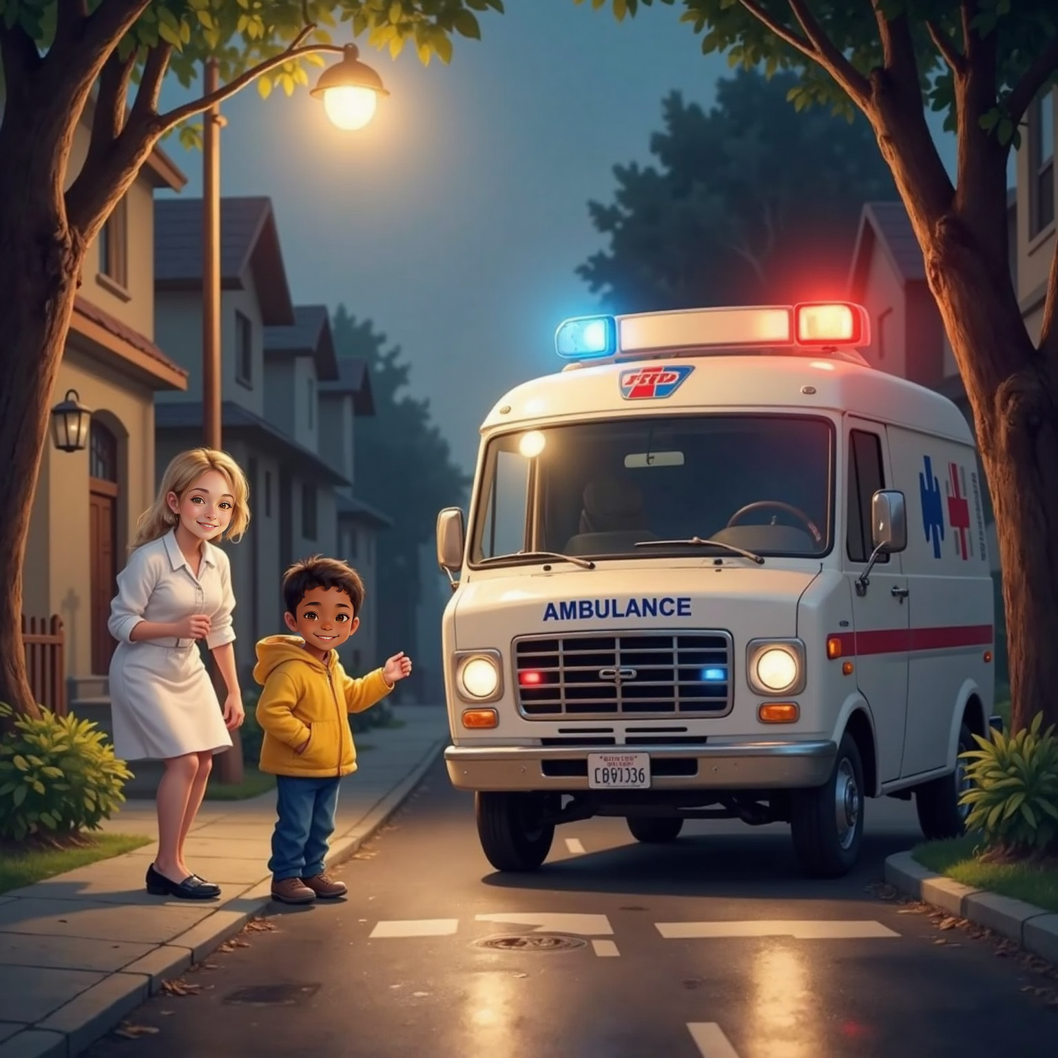 Under streetlamp glow, Arlo The Ambulance rolls up beside Reuben, siren lights painting blue and red streaks on nearby trees. The Nurse leans from the open door, reaching out reassuringly.