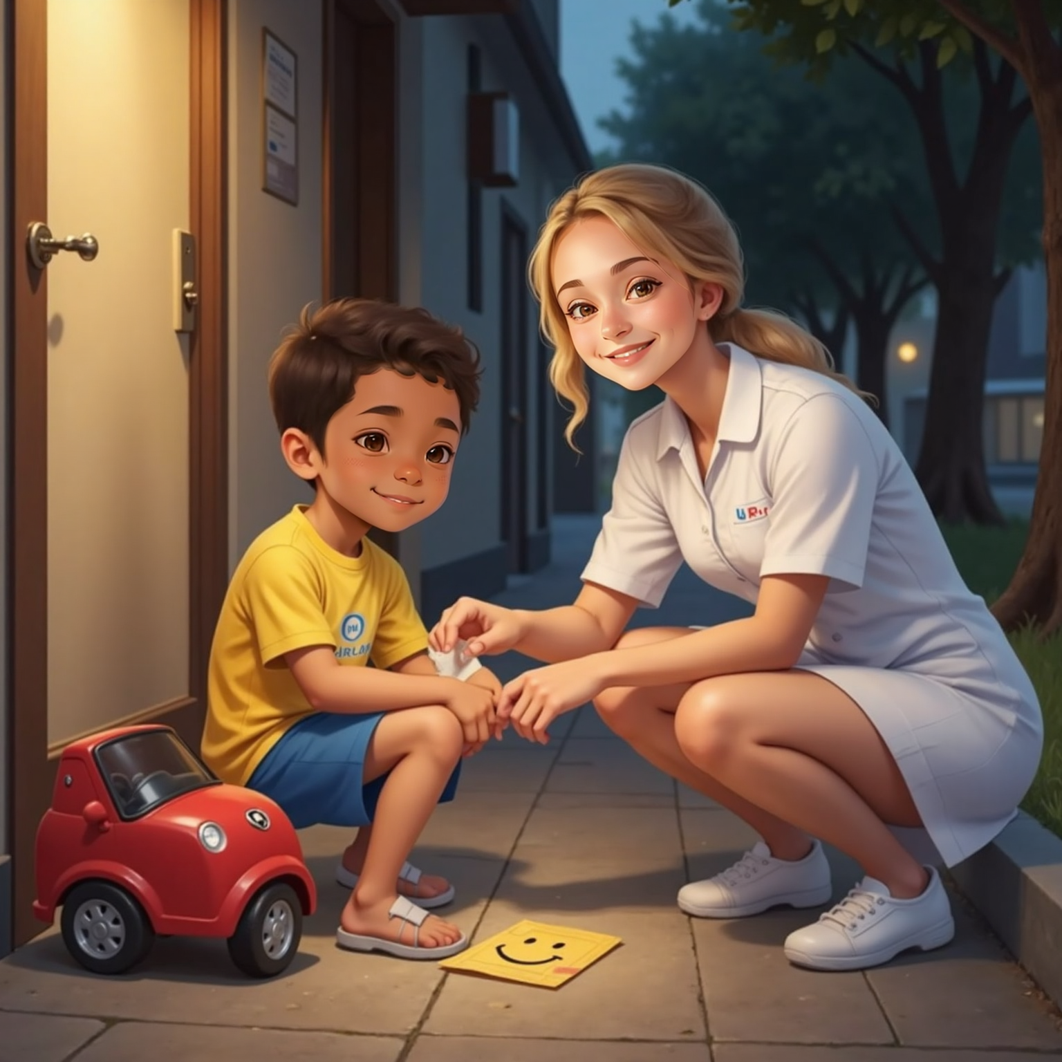 On the illuminated sidewalk, the Nurse crouches and cleans Reuben’s scrape with a wipe, then presses a yellow smiley-face bandage on. Reuben watches, cheeks puffed with concentration, Arlo parked behind them.