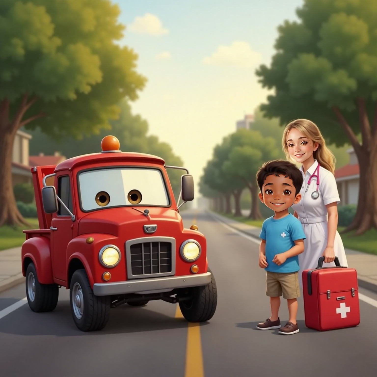 Beneath soft evening sky, Reuben stands and grins up at Arlo, giving a thumbs-up. Arlo winks one huge eye, headlights glowing warmly, while the Nurse closes her medical bag nearby.