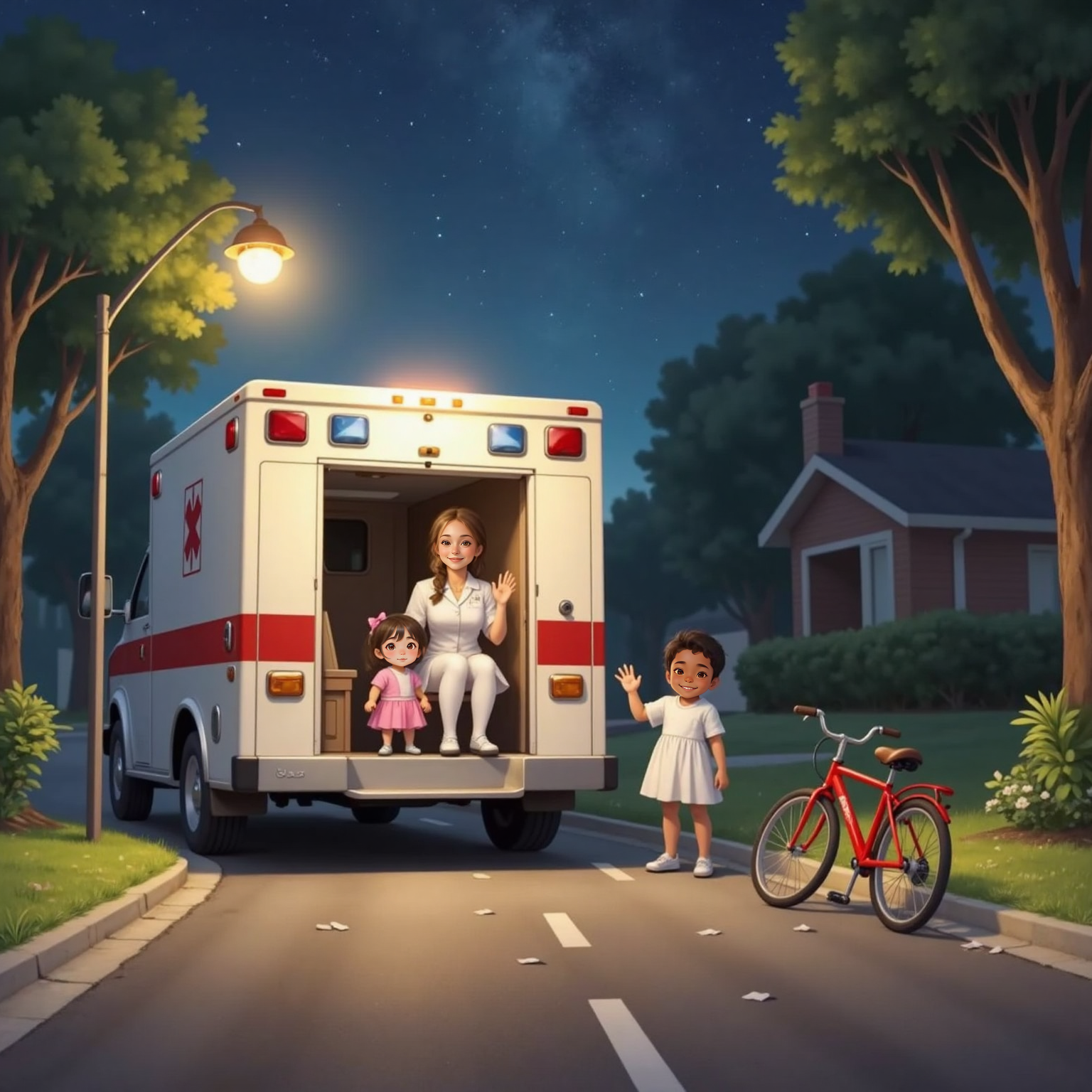 In the quiet cul-de-sac under streetlight halos, Bella and Reuben stand side by side waving excitedly. Arlo and the Nurse wave back from the ambulance doorway, bike and scattered bandage wrappers around them.