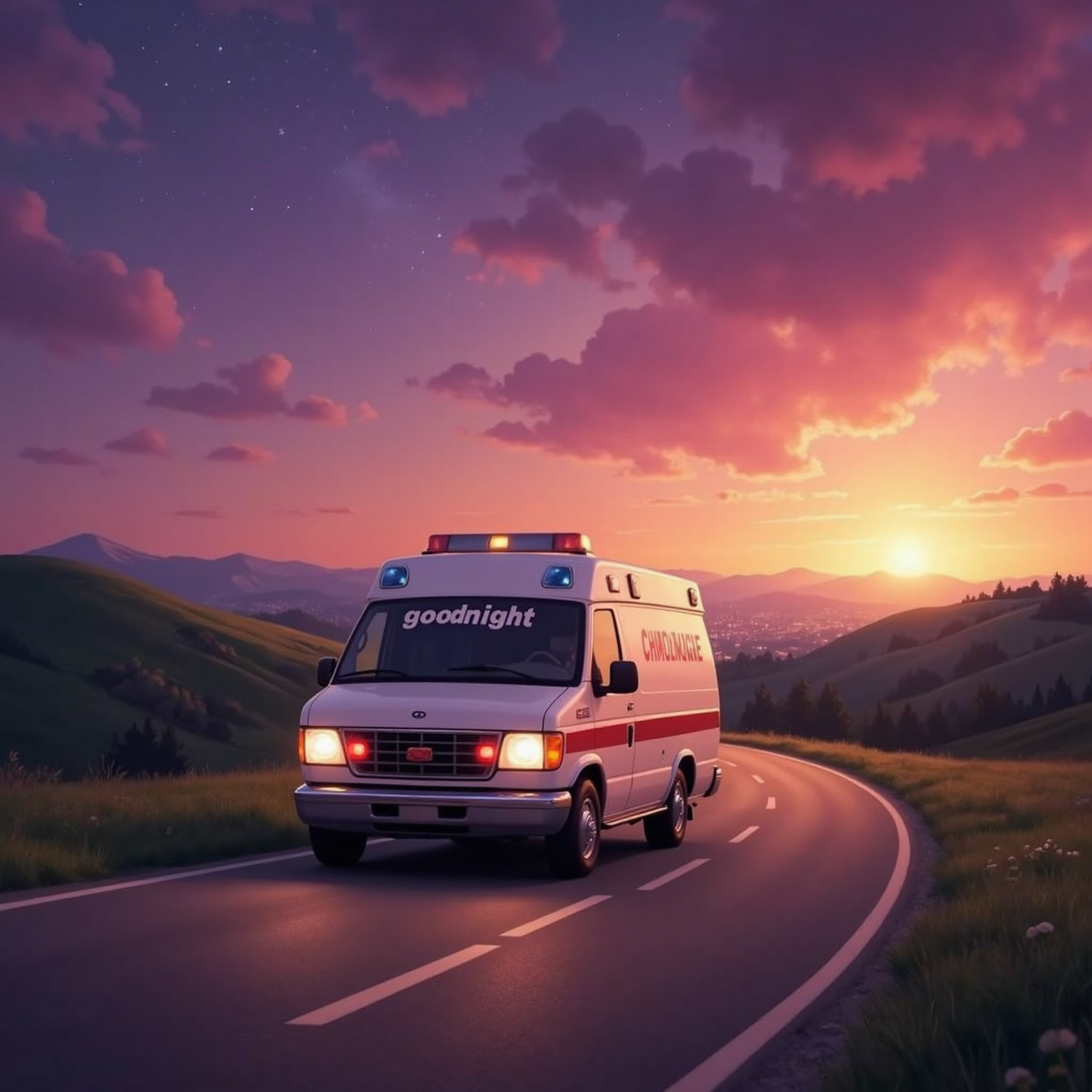 Against a violet sunset sky, Arlo The Ambulance drives along an empty road toward the city lights, headlights shining ahead. A small 'Goodnight' banner hangs inside his windshield, echoing his wide smile.