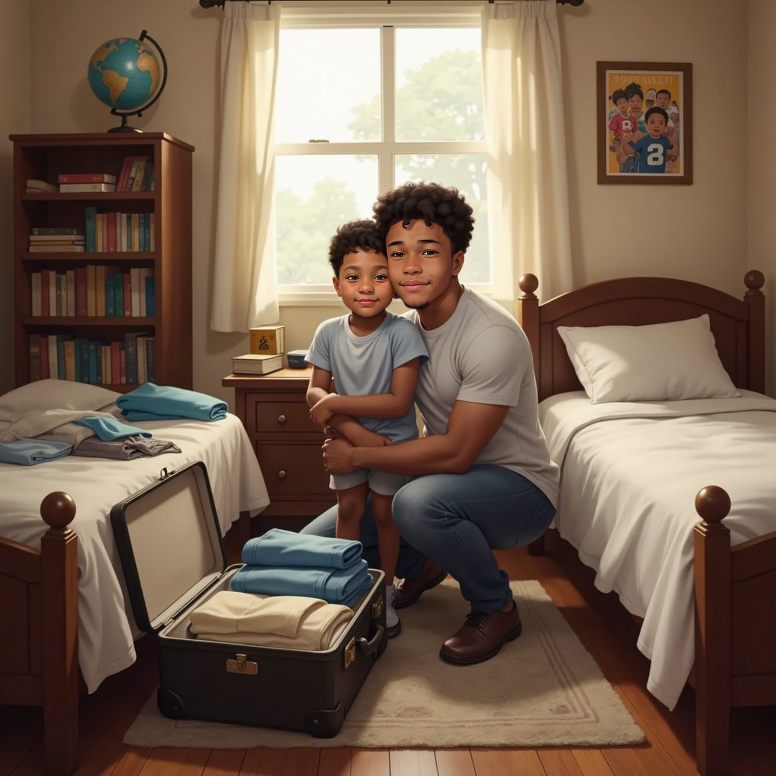 Inside their shared bedroom on a quiet afternoon, Avie kneels beside an open suitcase on the bed, folded shirts stacked neatly. He wraps his arms around frowning Elias, both faces lit by soft window light, clothes scattered around.