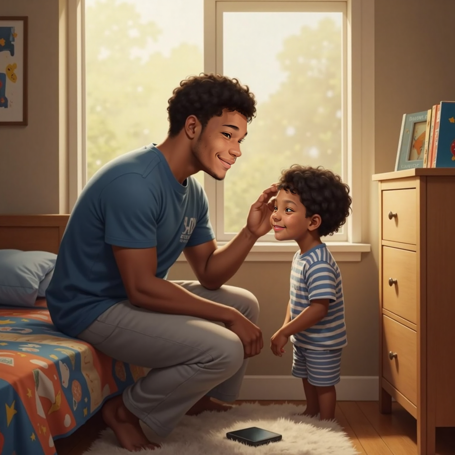 Morning sunlight streams through the bedroom window as Avie gently wipes tears from Elias's cheeks beside the dresser. Elias looks up, eyes shimmering yet smiling, while Avie speaks reassuringly, phone resting on the quilt to symbolize future calls.