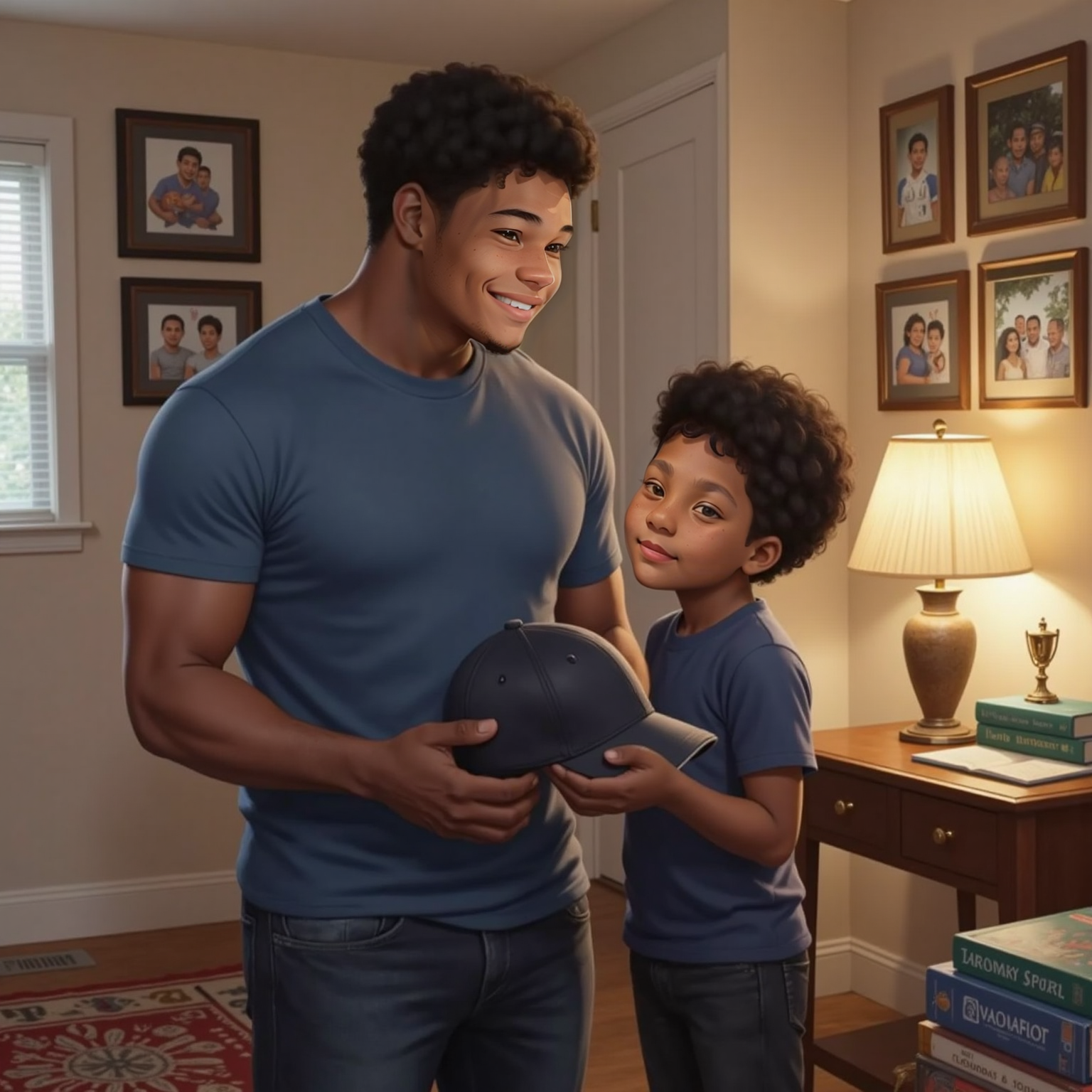 In the softly lit bedroom, photos cover the wall and board games lie open on the carpet. Elias stands by the desk holding Avie's worn baseball cap, gazing up as Avie answers with a proud, comforting smile.
