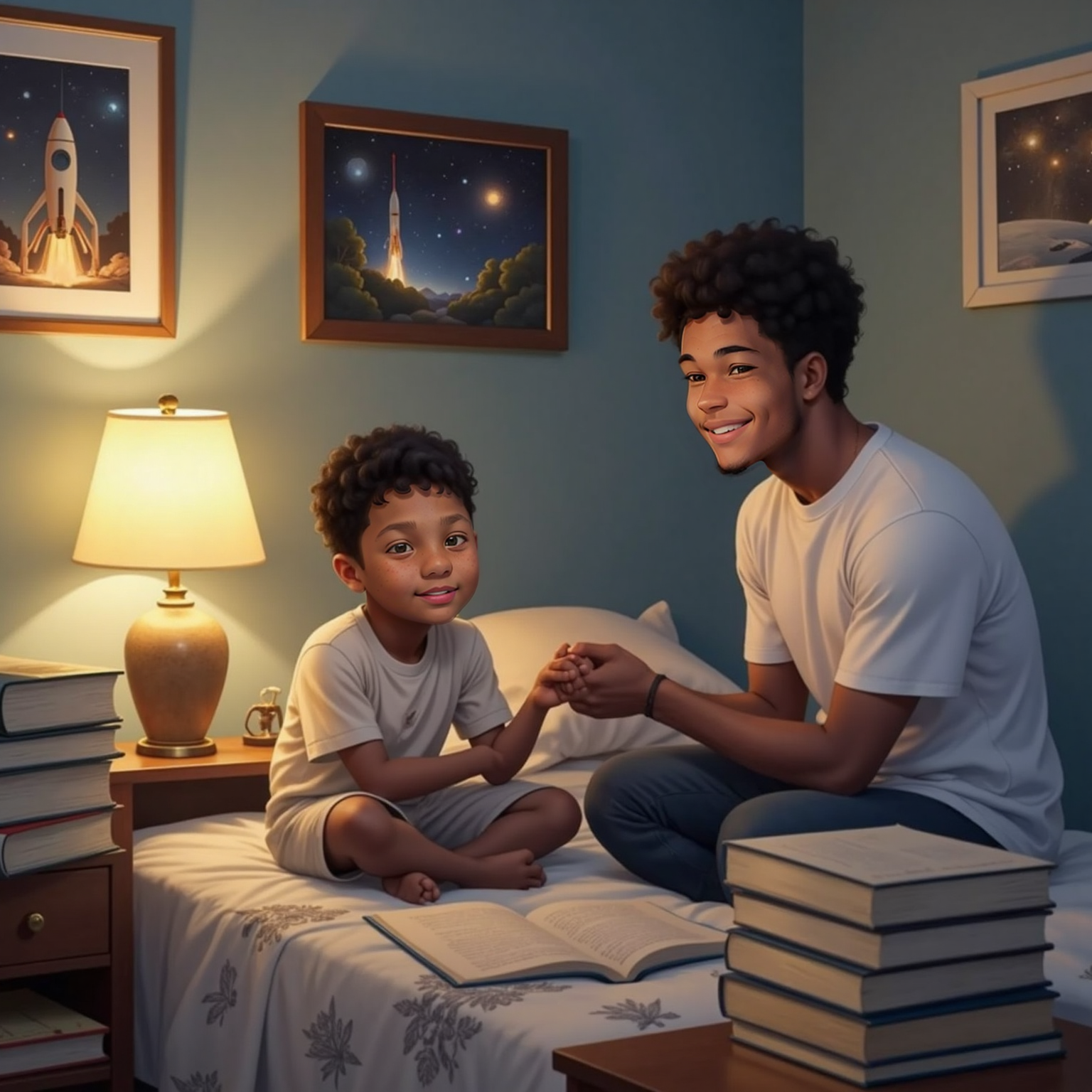Evening lamp light glows in the bedroom as Elias sits cross-legged on the bed, gaze anxious toward the floor. Avie sits beside him, gently squeezing Elias's hand and nodding with an encouraging expression, textbooks stacked nearby.