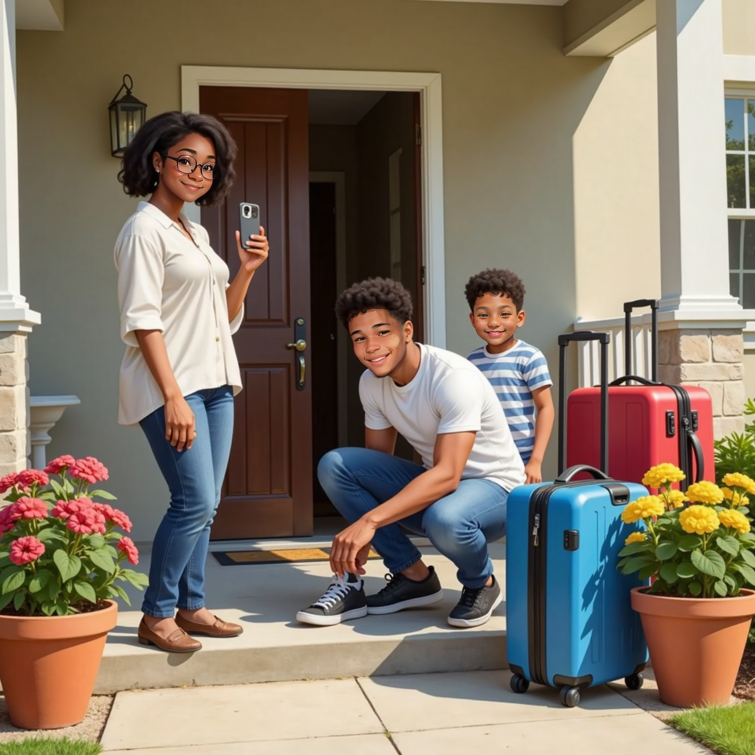 On the front porch in bright morning sun, Mom holds up a phone camera, smiling wide. Avie kneels to tie untied sneakers, grinning proudly at Elias who stands beside him, both framed by suitcases and blooming flowers.