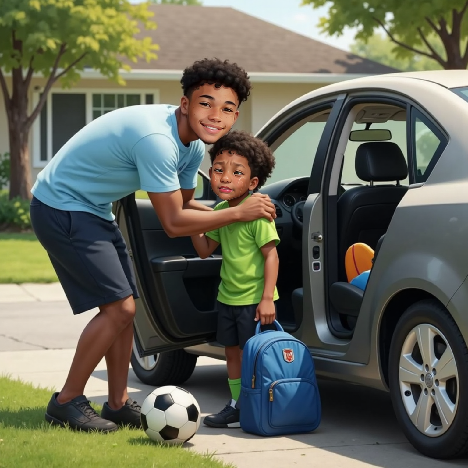In the driveway under gentle midday light, the family car door rests ajar as Avie leans out, whispering reassurance. Elias clings to his brother's arm then waves, tear-streaked yet hopeful, backpack and soccer ball at his feet.