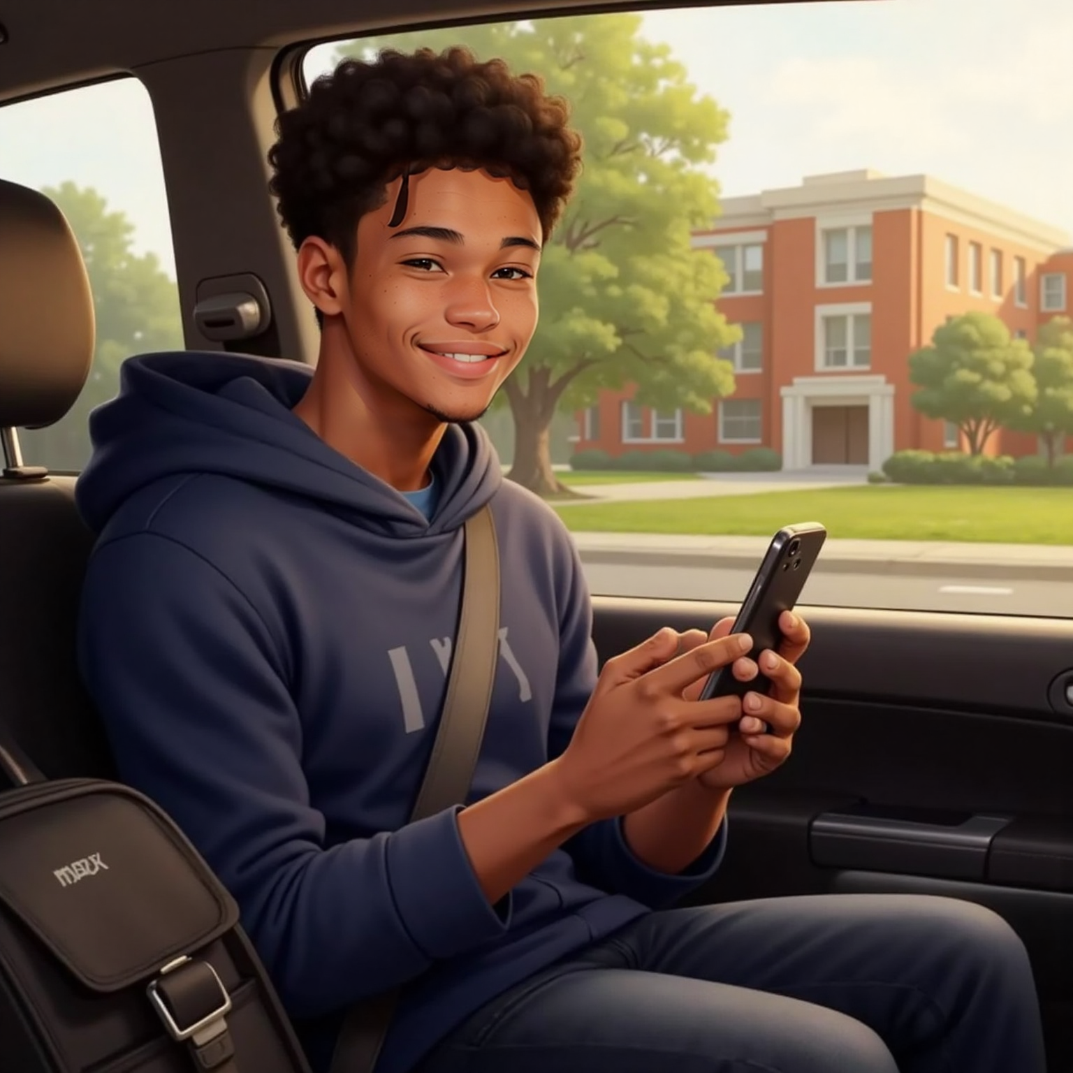 Inside the moving car during golden afternoon, Avie sits by the window, phone glowing in his hands. He types a smiling message while campus buildings blur past, sunlight casting warm stripes across his focused face.