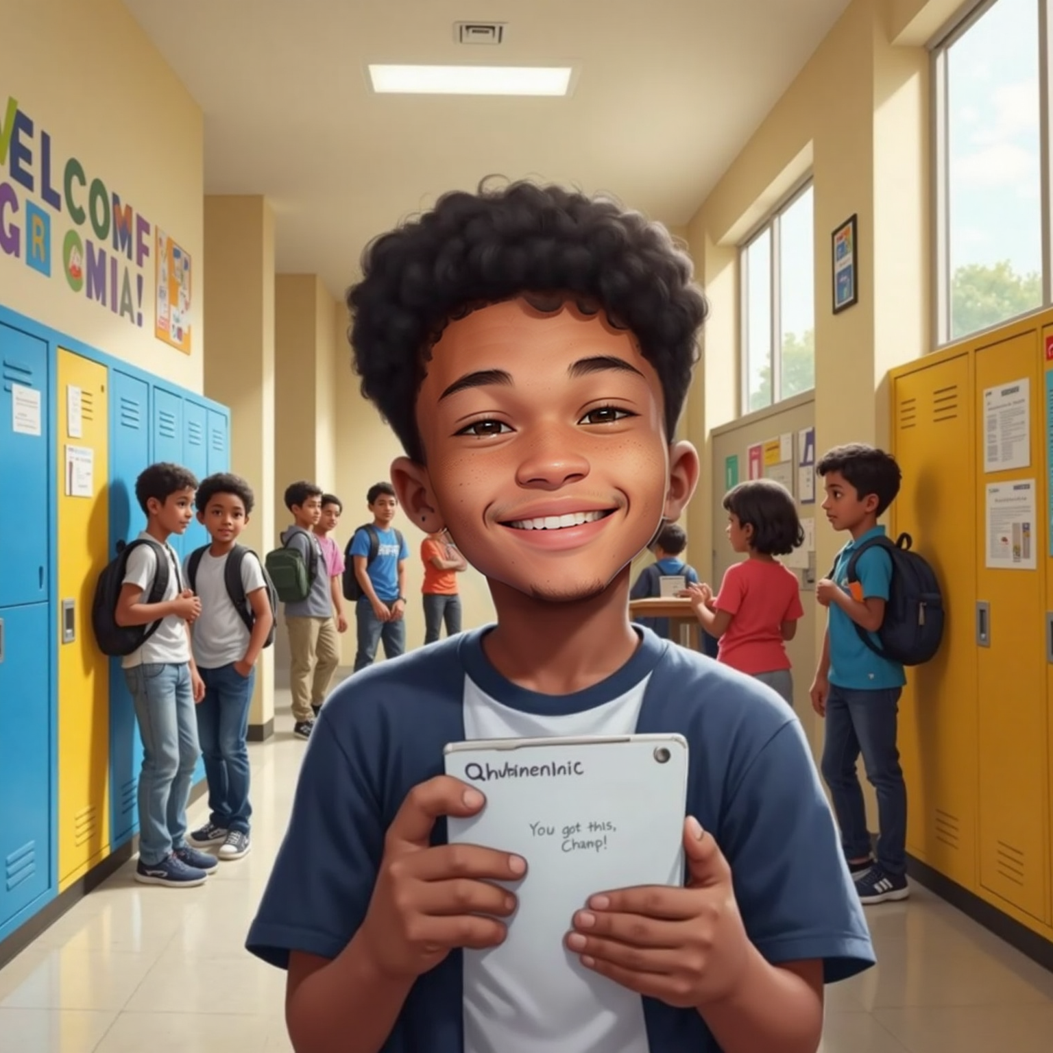 In a bright school hallway, Elias grins at his buzzing phone showing Avie's encouraging message, new classmates laughing in the background.