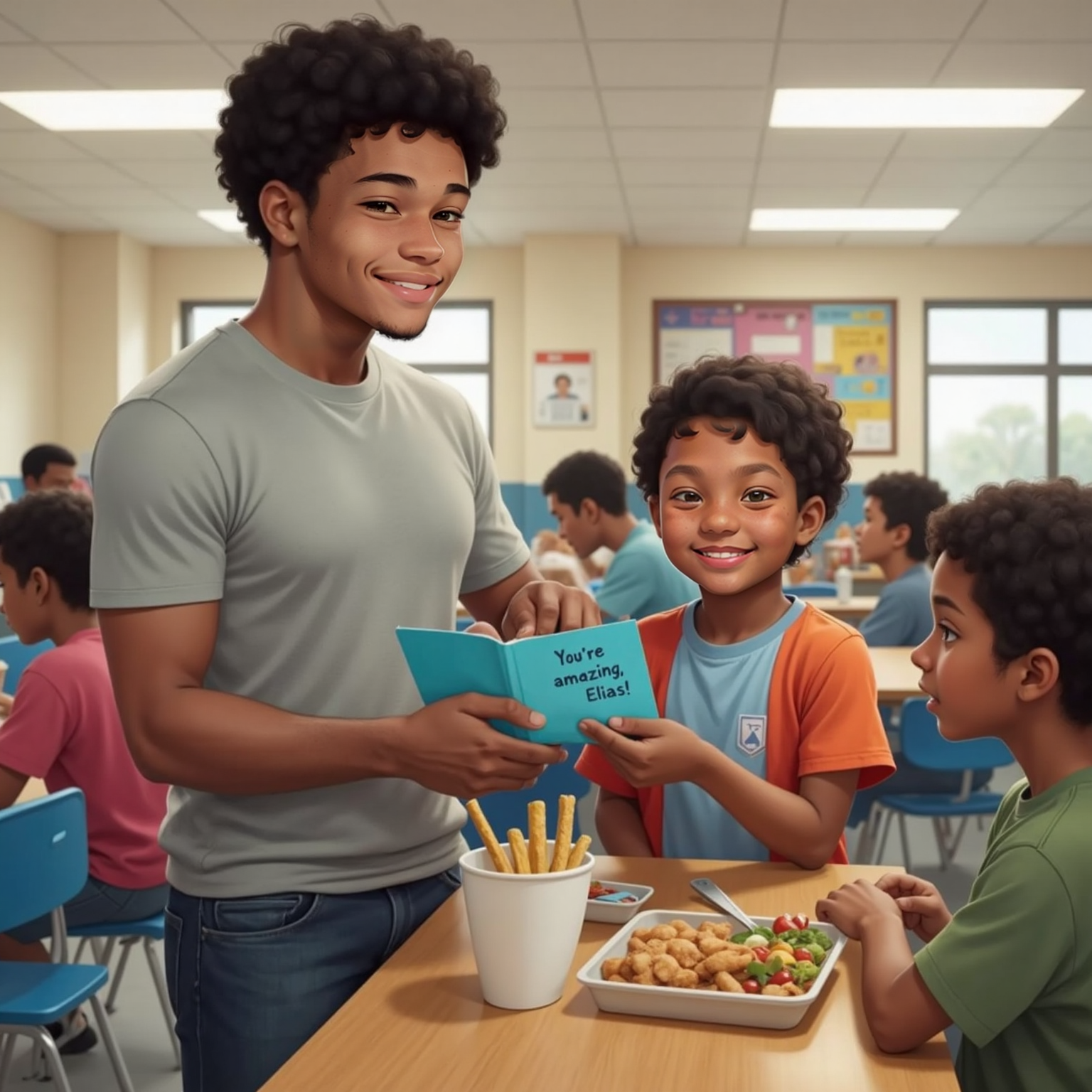 At a bustling school cafeteria table under fluorescent lights, Elias unfolds a bright blue note from Avie, words of courage visible. Smiling with renewed confidence, he slides his tray beside chatting students, ready to join their laughter.