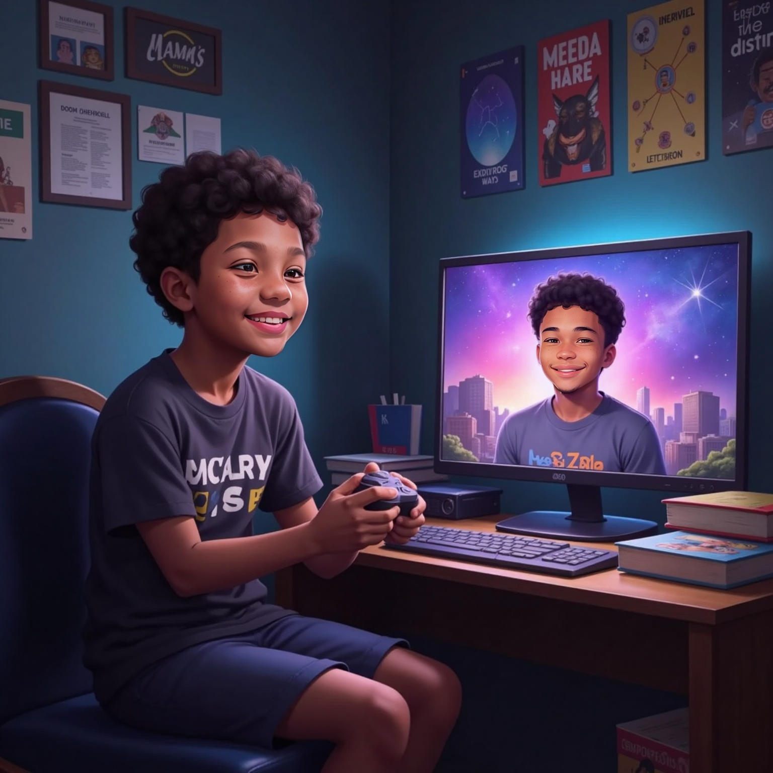 In Elias's darkened bedroom lit only by a computer screen, he laughs at an online game controller in hand. Avie's smiling face appears live on the glowing monitor beside dorm-room posters, connecting the brothers across distance.