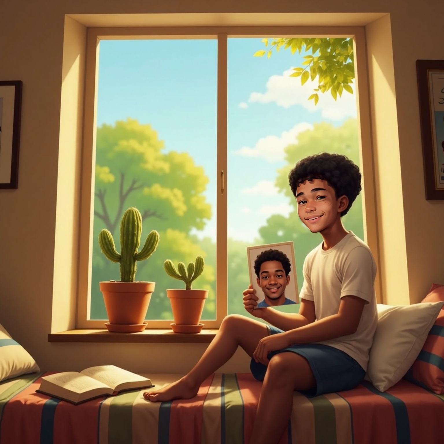 Afternoon sunlight washes Elias sitting on his bedroom window seat, eyes closed while clutching a printed photo of Avie. A calm smile rests on his face, the photo catching the warm light beside a small cactus.