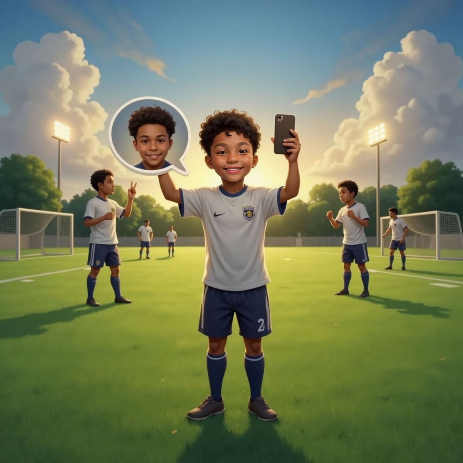 On the soccer field at twilight, Elias in grass-stained uniform lifts his buzzing phone amid cheering teammates. The screen shows Avie's recorded message, his animated face framed by dorm walls, praising 'You're king!' with triumphant grin.