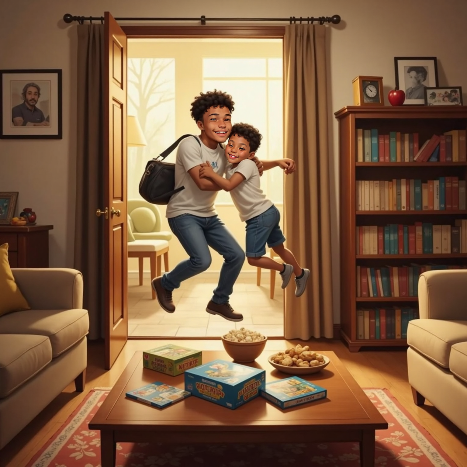 Evening sunlight filters into the living room where Avie bursts through the doorway, overnight bag slung over shoulder. Elias leaps forward for a jumping hug, both brothers laughing as board games and snack bowls await on the coffee table.