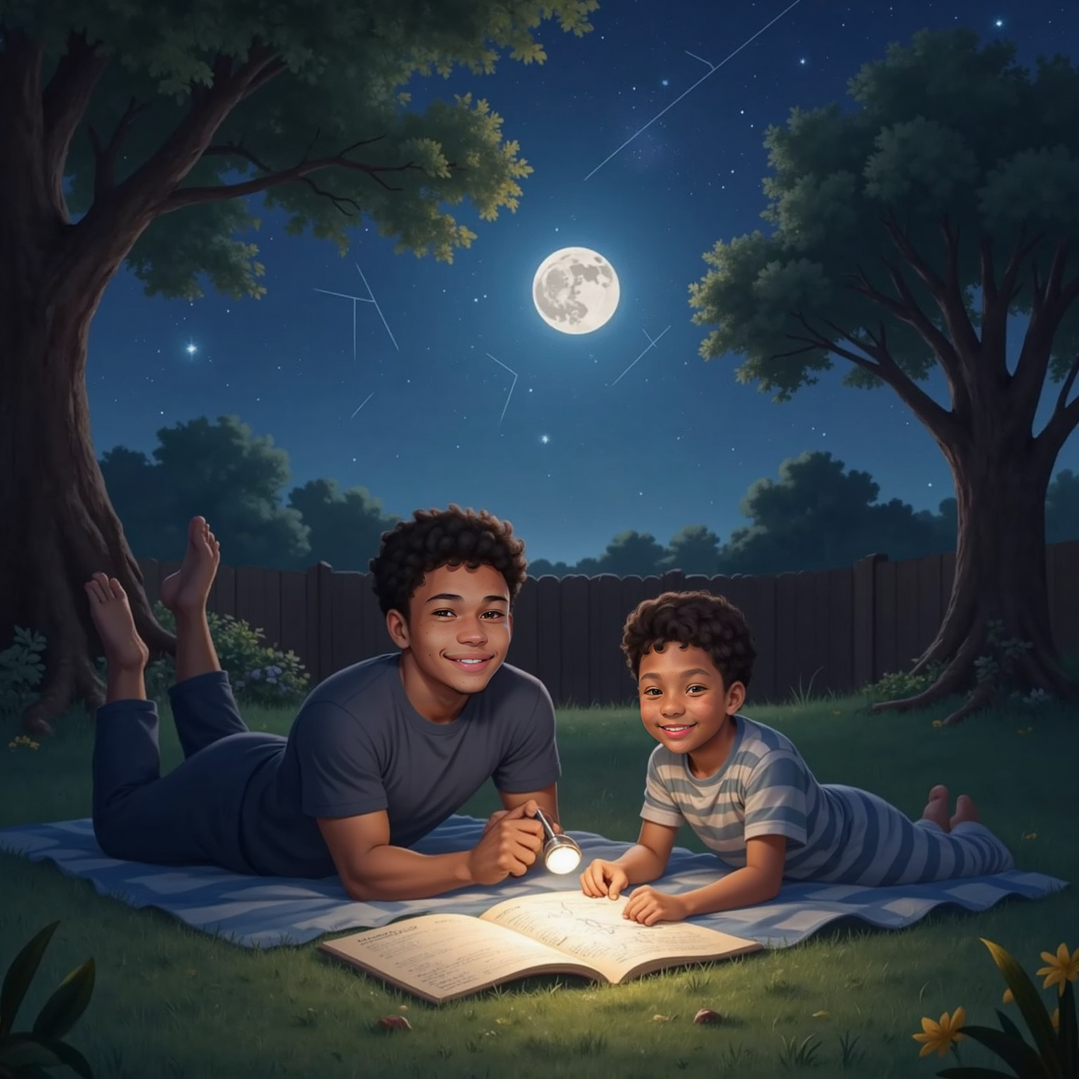 Late at night on the backyard lawn, Avie and Elias lie side by side on a blanket, eyes fixed on the starry sky. The full moon glows above, flashlight and star chart resting between them.