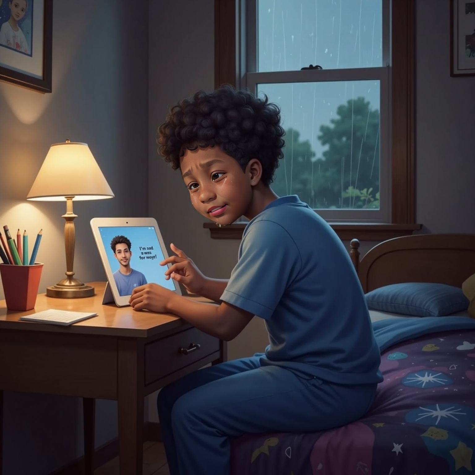 Rain taps the bedroom window as Elias sits at a small desk, tears on his cheeks while typing 'I'm sad tonight' on his tablet. The screen instantly lights with Avie's comforting reply, casting a hopeful glow on Elias's face.
