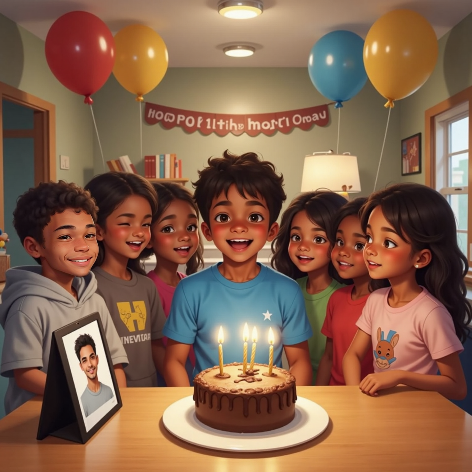 In the decorated kitchen filled with balloons and cake, Elias stands before a tablet propped on the counter showing Avie's beaming face. School friends gather around, mid-song, while candles flicker warmly across smiling expressions.