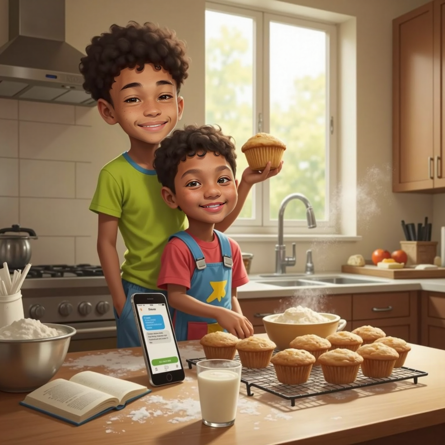 Afternoon light fills the kitchen where Elias, apron on and cheeks dusted with flour, holds up a freshly baked muffin toward his phone's camera. The counter displays messy mixing bowls as Avie's encouraging text pops onto the screen.