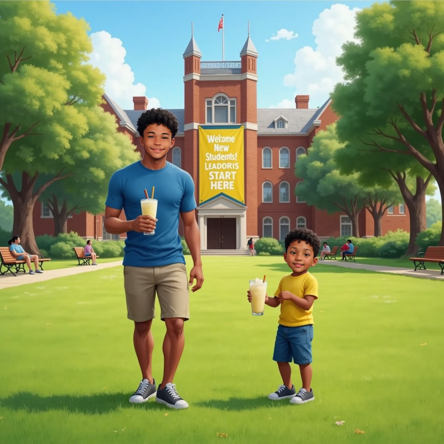 On a sunny college quad, Avie points toward red-brick buildings while walking beside wide-eyed Elias. Both carry iced drinks, shadows short on the grass, dormitory in background displaying a welcome banner.