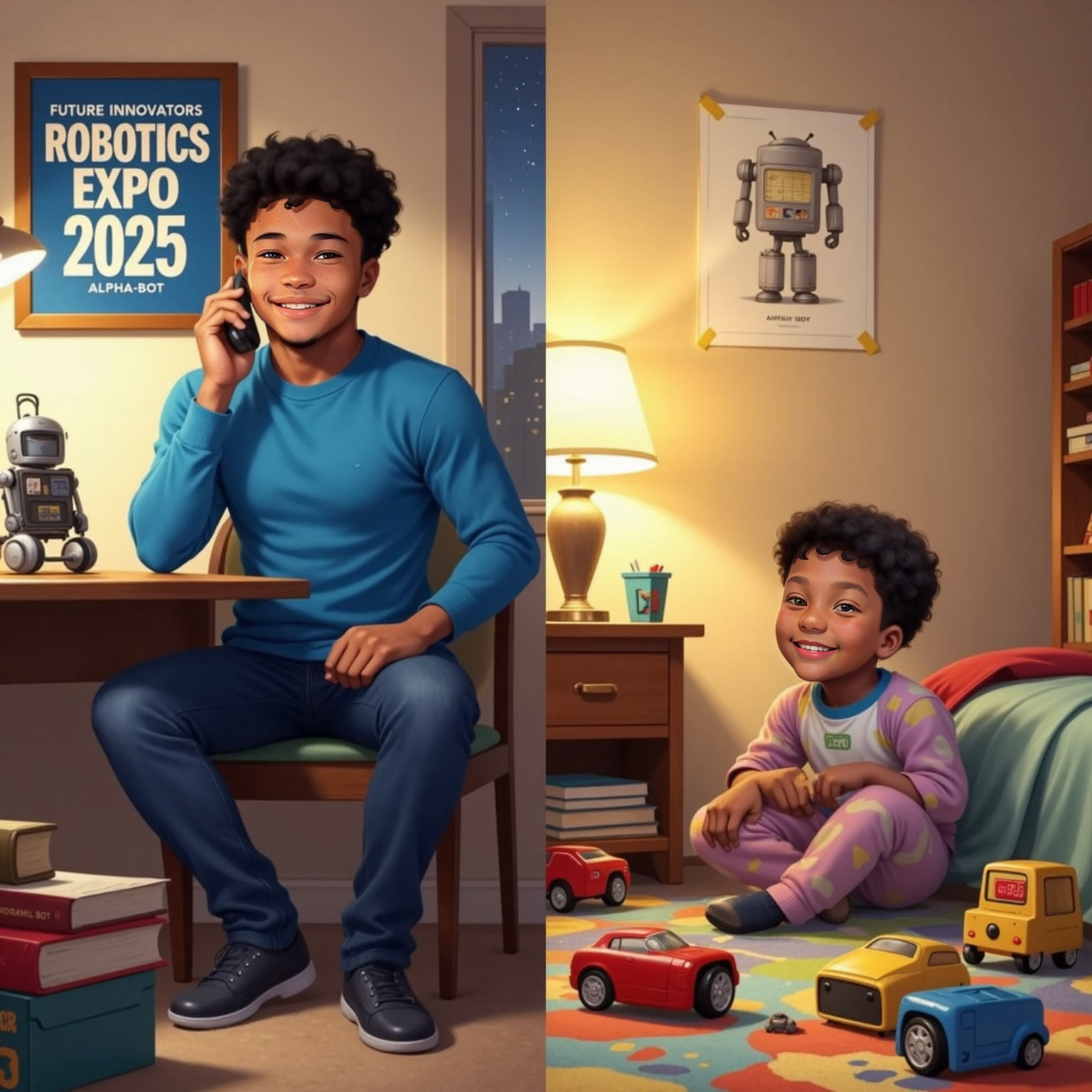 Split-screen style, Avie sits in his dorm under an evening lamp, phone to ear, while Elias lies on his bedroom floor among scattered toys. Both smile, dorm posters and toy robots visually linking the brothers.