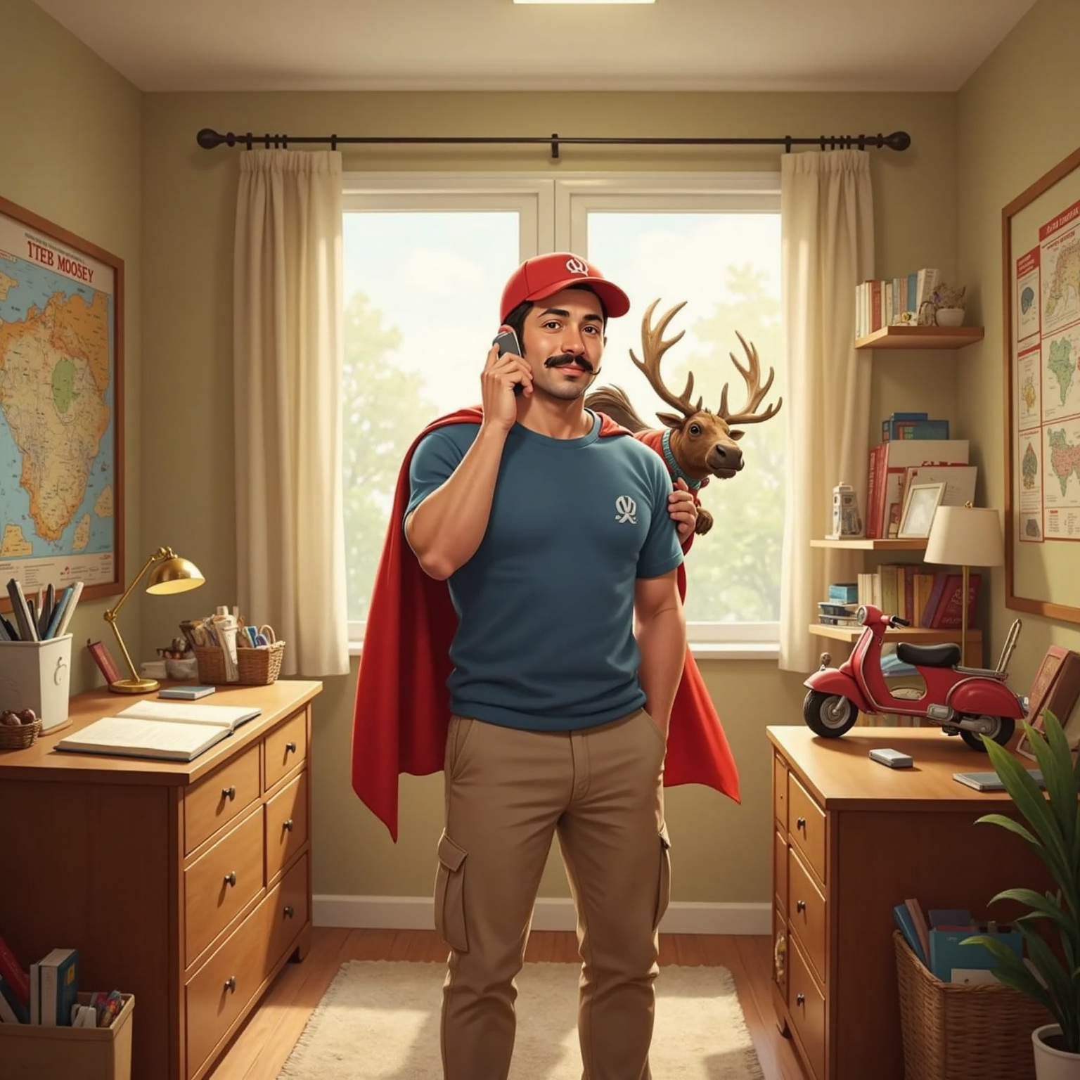 Inside Jacob’s brightly lit bedroom, Commissioner Jacob stands by a desk holding a phone, red cap tilted, while Super Moosey bursts through the open window in goggles and red cape, sunlight outlining his antlers.